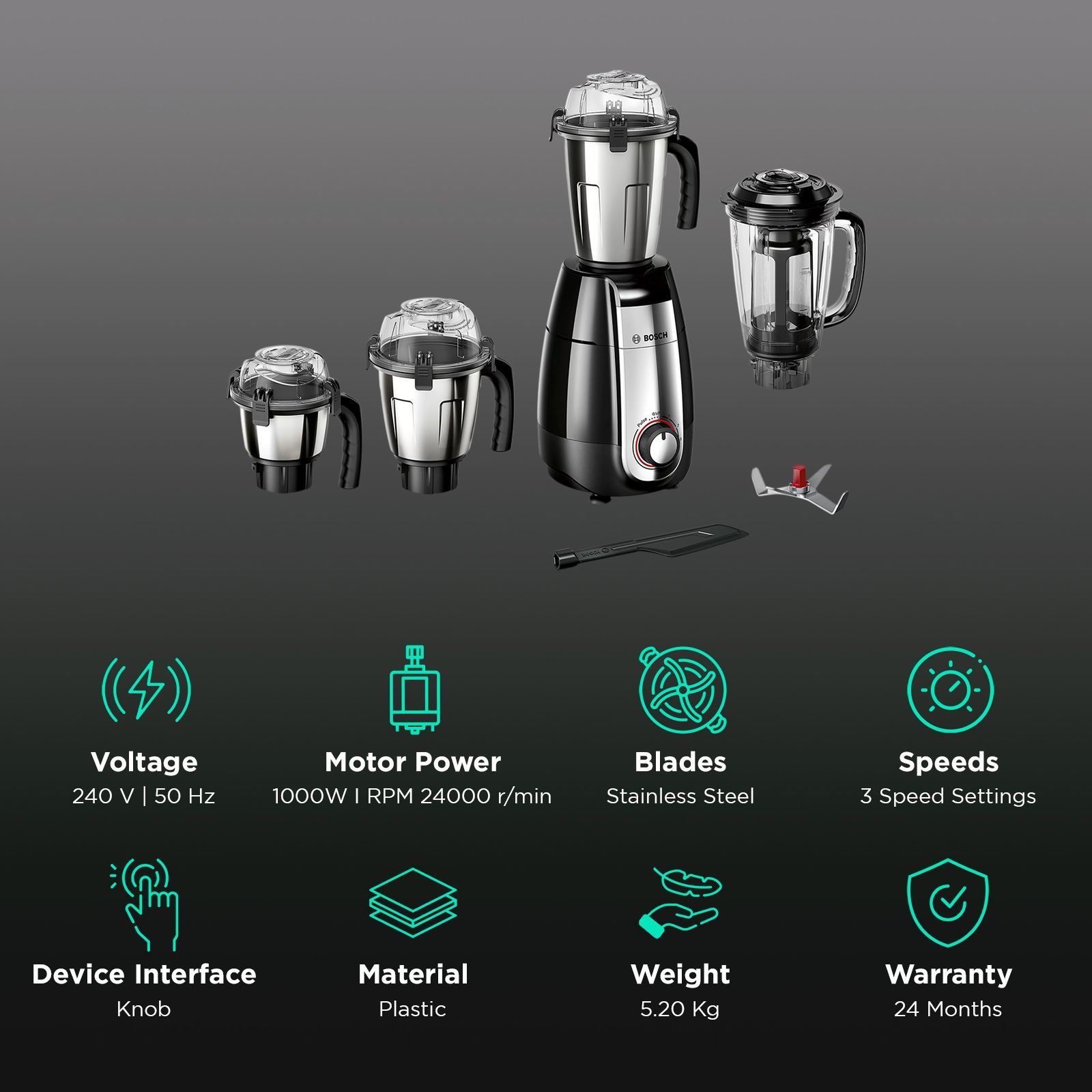 BOSCH TrueMixx Pro 1000 Watt 4 Jars Mixer Grinder (24000 RPM, Stone Pounding Technology, Black)_2