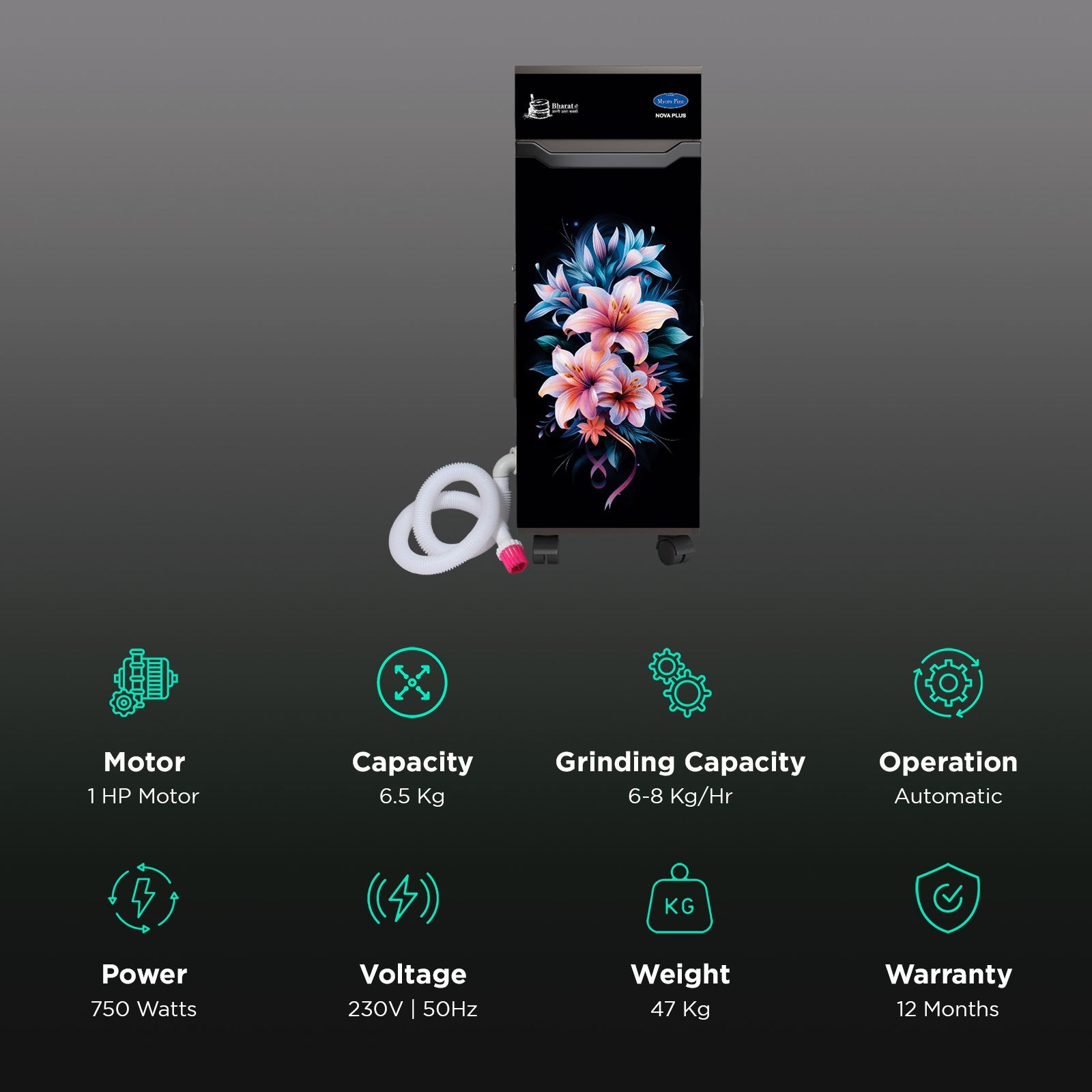 Mycro Fine NOVAPLUS 750 Watts 6.5 Kg Flour Mill Machine (Aircooled Filter, LMFA0514, Floral)_2