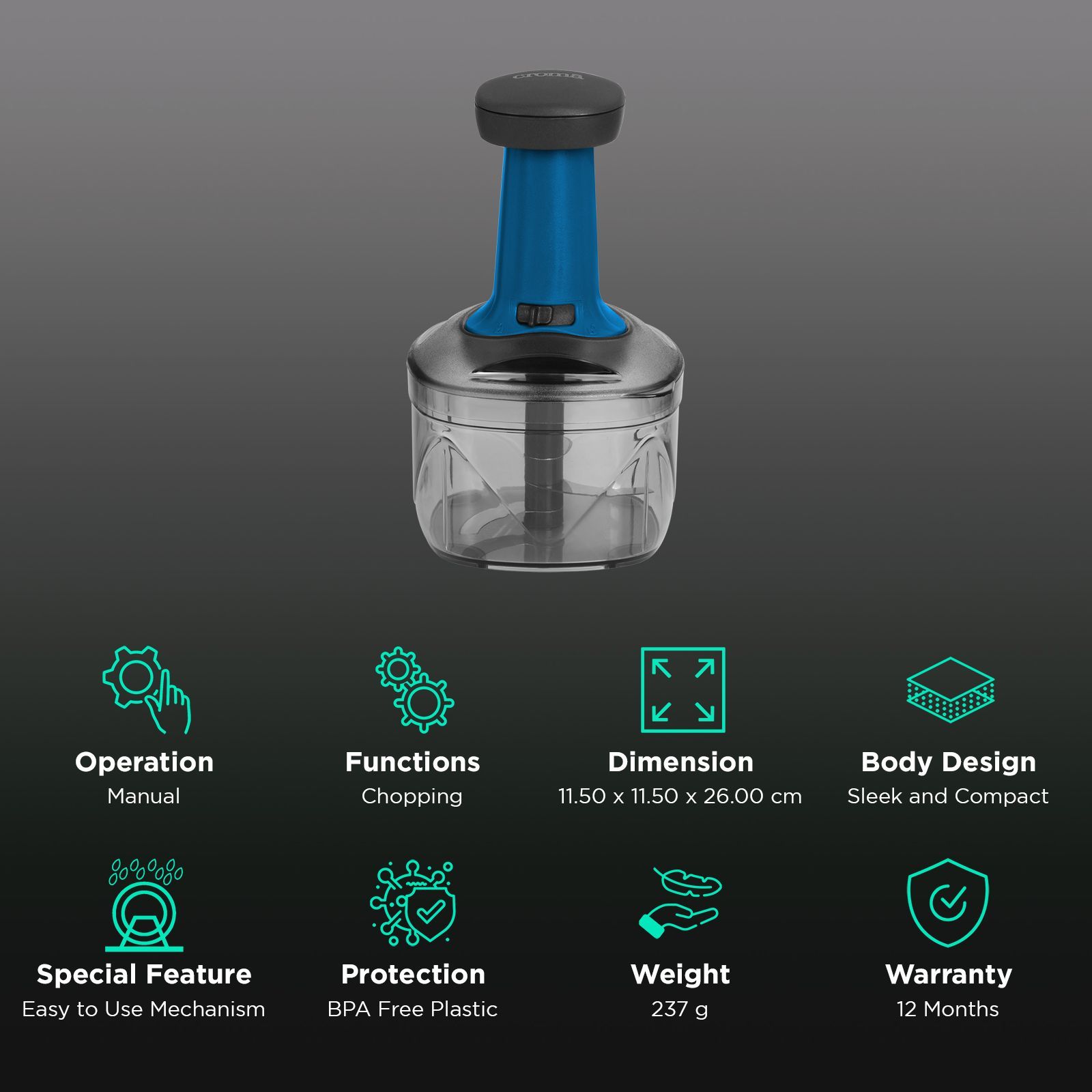 Croma Manual Push Chopper 600 ml (Blue and Black) Croma Manual Push Chopper 600 ml (Blue and Black)_2