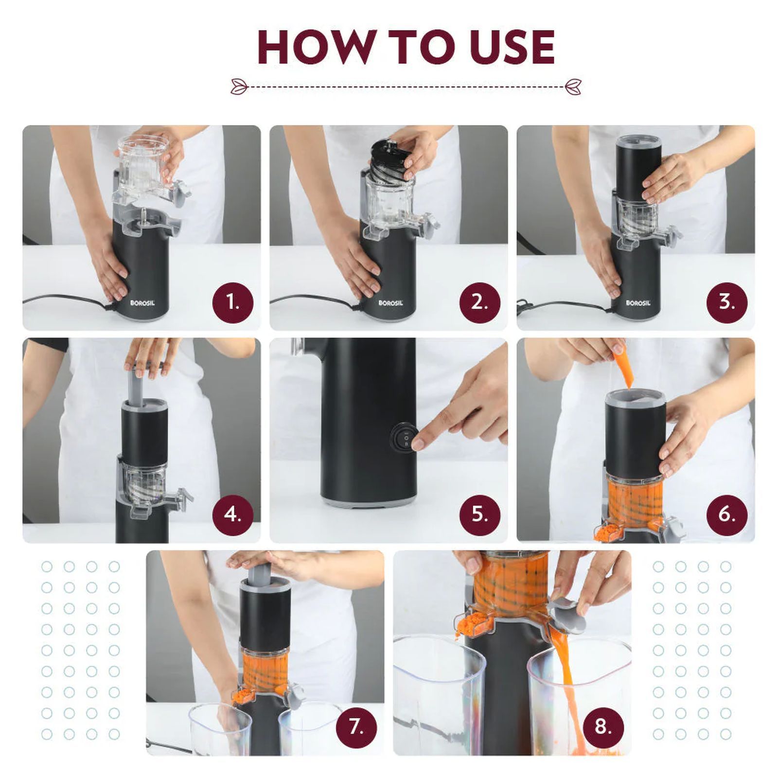 BOROSIL BSJU13WB01 130 Watt 2 Jars Cold Press Juicer (55 RPM, Slow Squeeze Juicing Technology, Black)_9