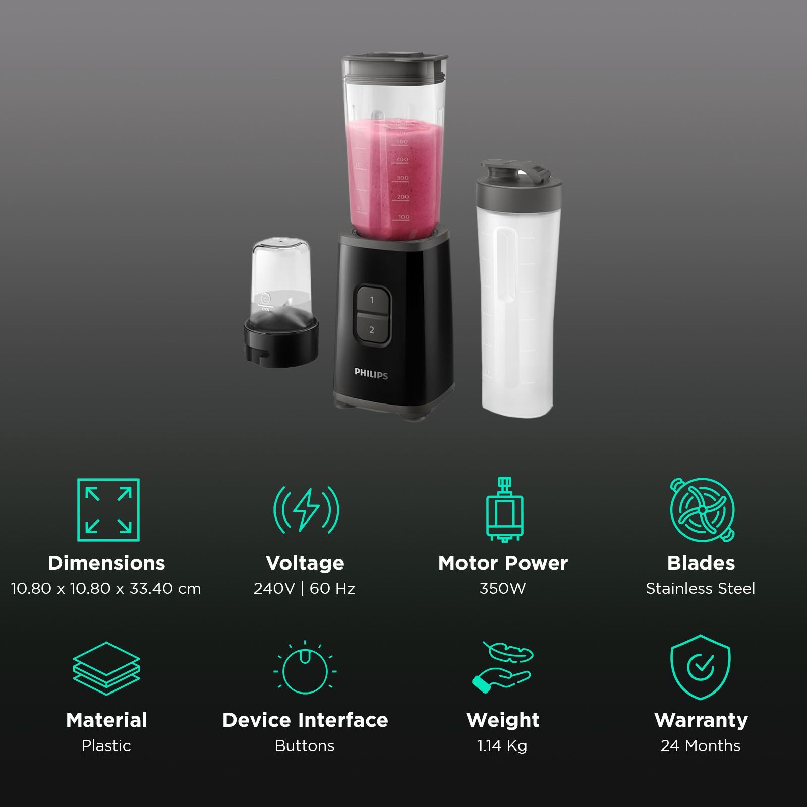 PHILIPS 350 Watt 3 Jars Blender (Heat Resistant Glass Container, Black)_2