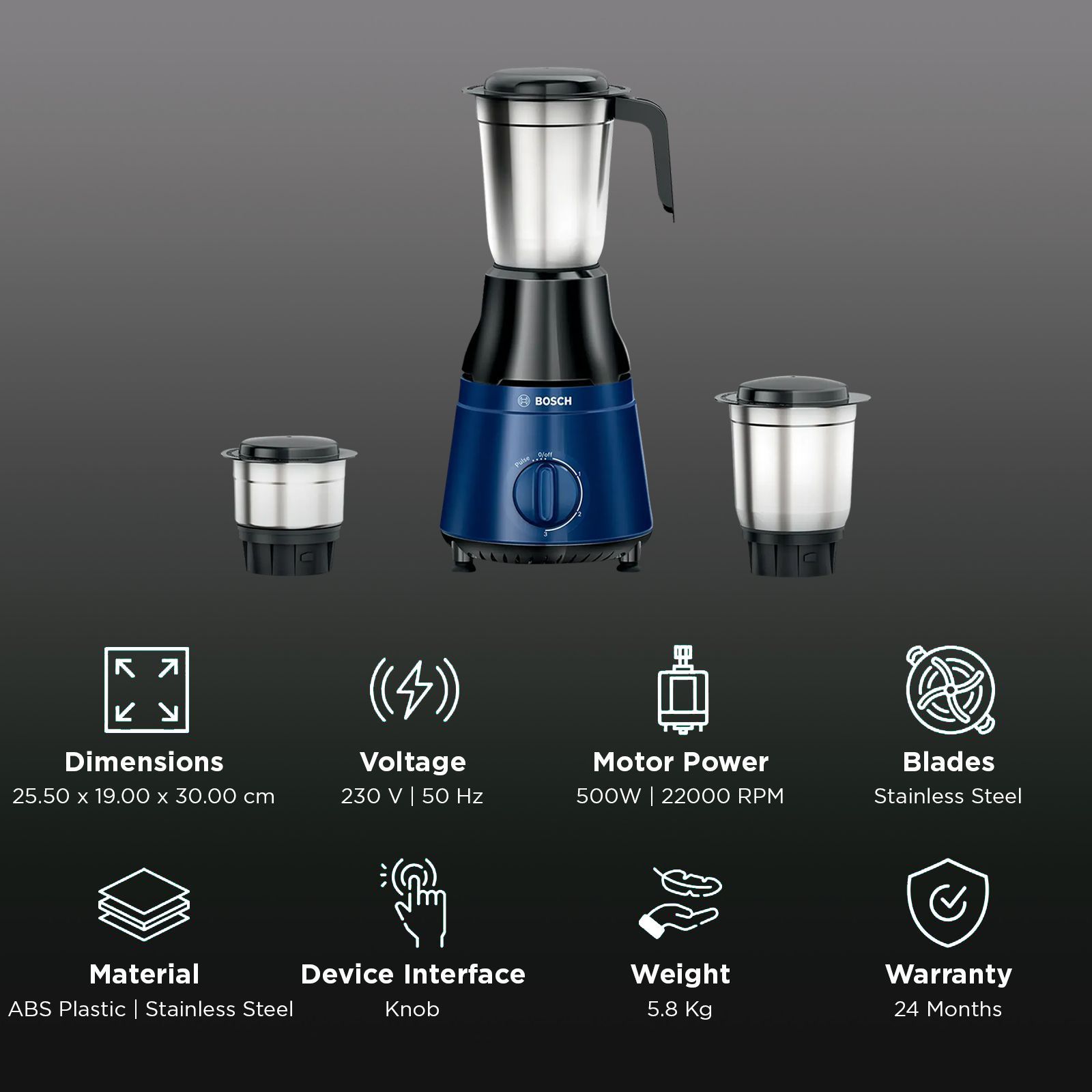 BOSCH TrueMixx 500 Watt 3 Jars Mixer Grinder (22000 RPM, Midnight Blue)_2