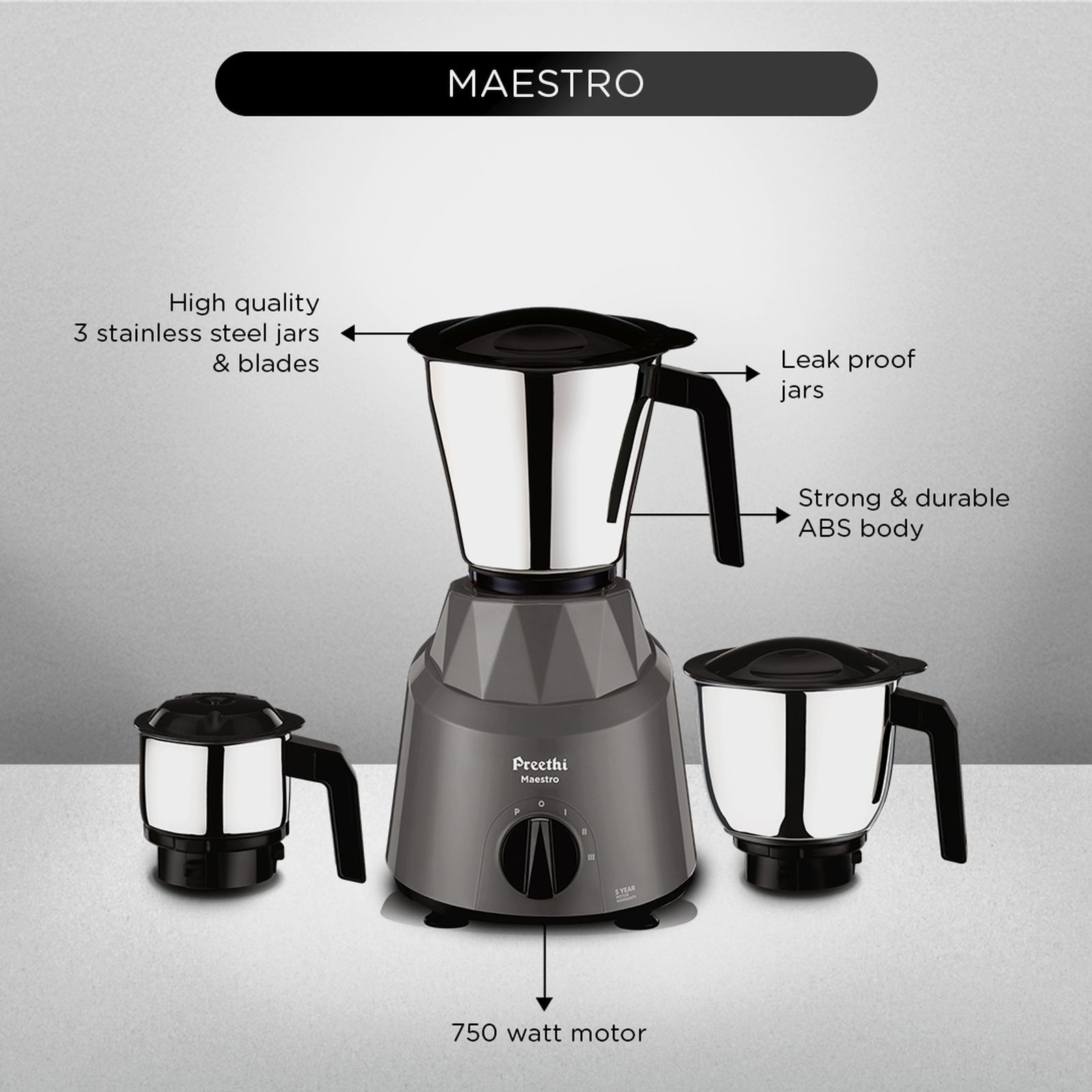 Preethi Maestro 750 Watt 3 Jars Mixer Grinder (18000 RPM, Stainless Steel Jars, Grey)_6