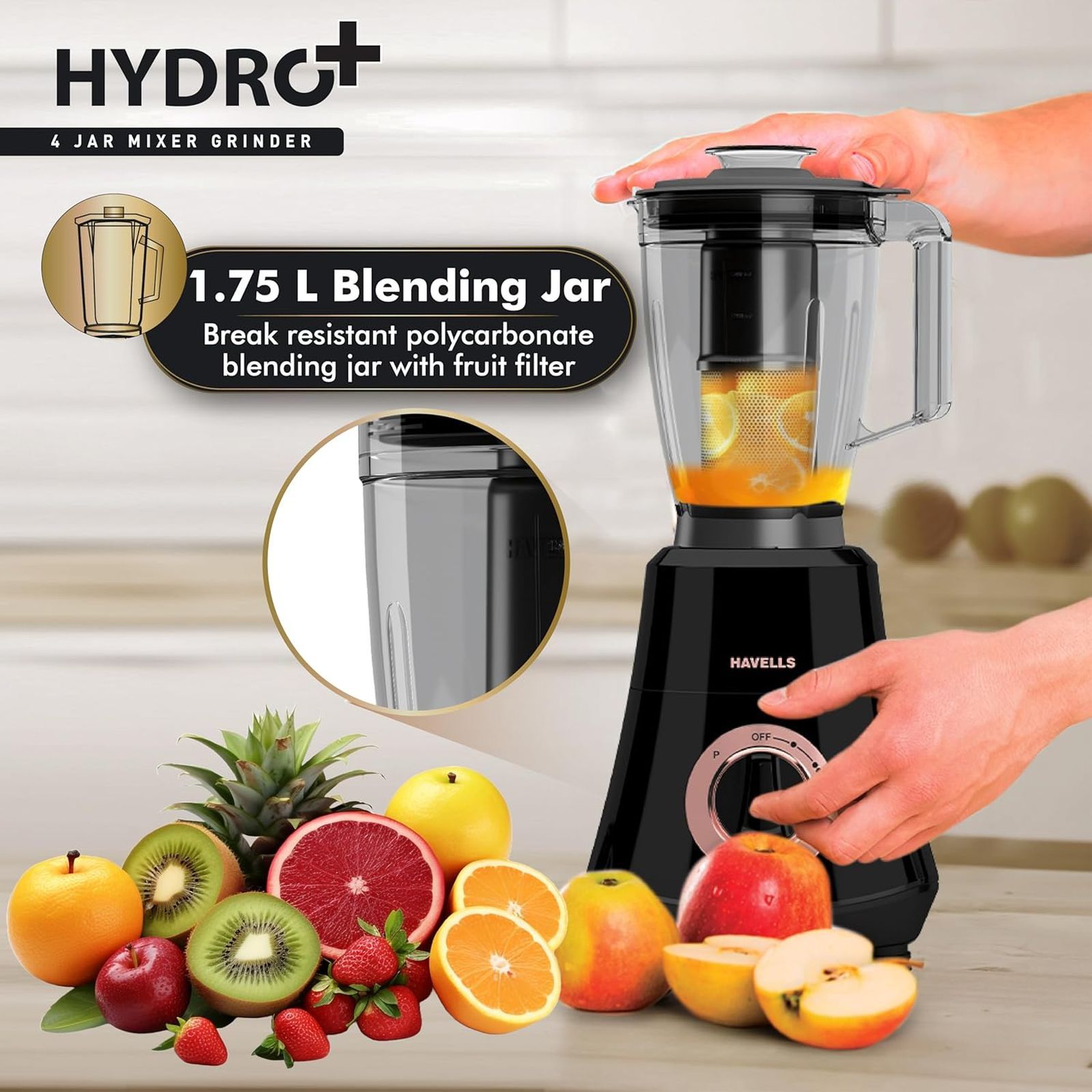 HAVELLS Hydro Plus 1000 Watt 4 Jars Mixer Grinder (22000 RPM, Ball Bearing Motor, Black)_6