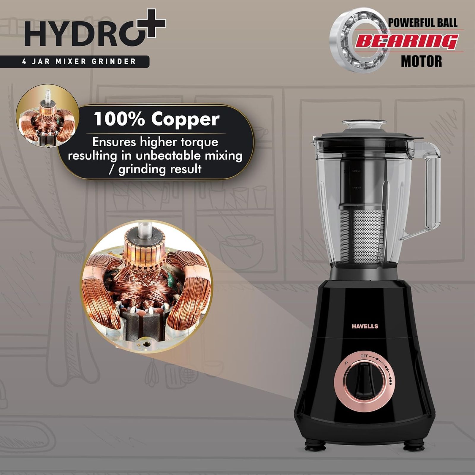 HAVELLS Hydro Plus 1000 Watt 4 Jars Mixer Grinder (22000 RPM, Ball Bearing Motor, Black)_7