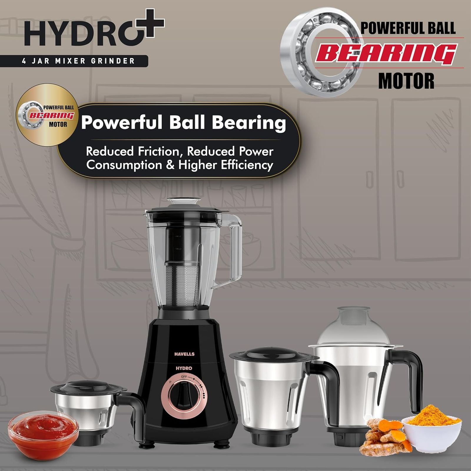 HAVELLS Hydro Plus 1000 Watt 4 Jars Mixer Grinder (22000 RPM, Ball Bearing Motor, Black)_4