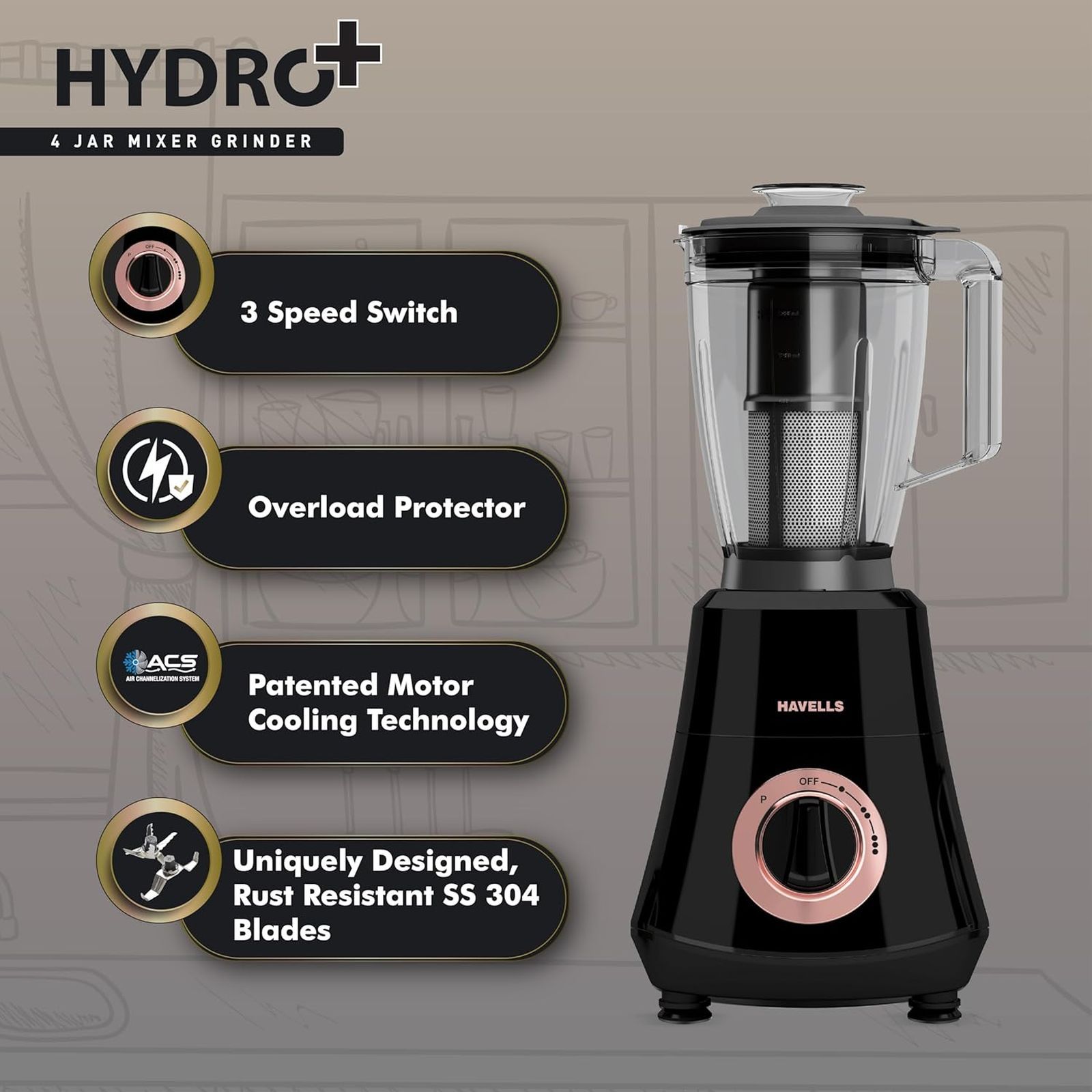 HAVELLS Hydro Plus 1000 Watt 4 Jars Mixer Grinder (22000 RPM, Ball Bearing Motor, Black)_5