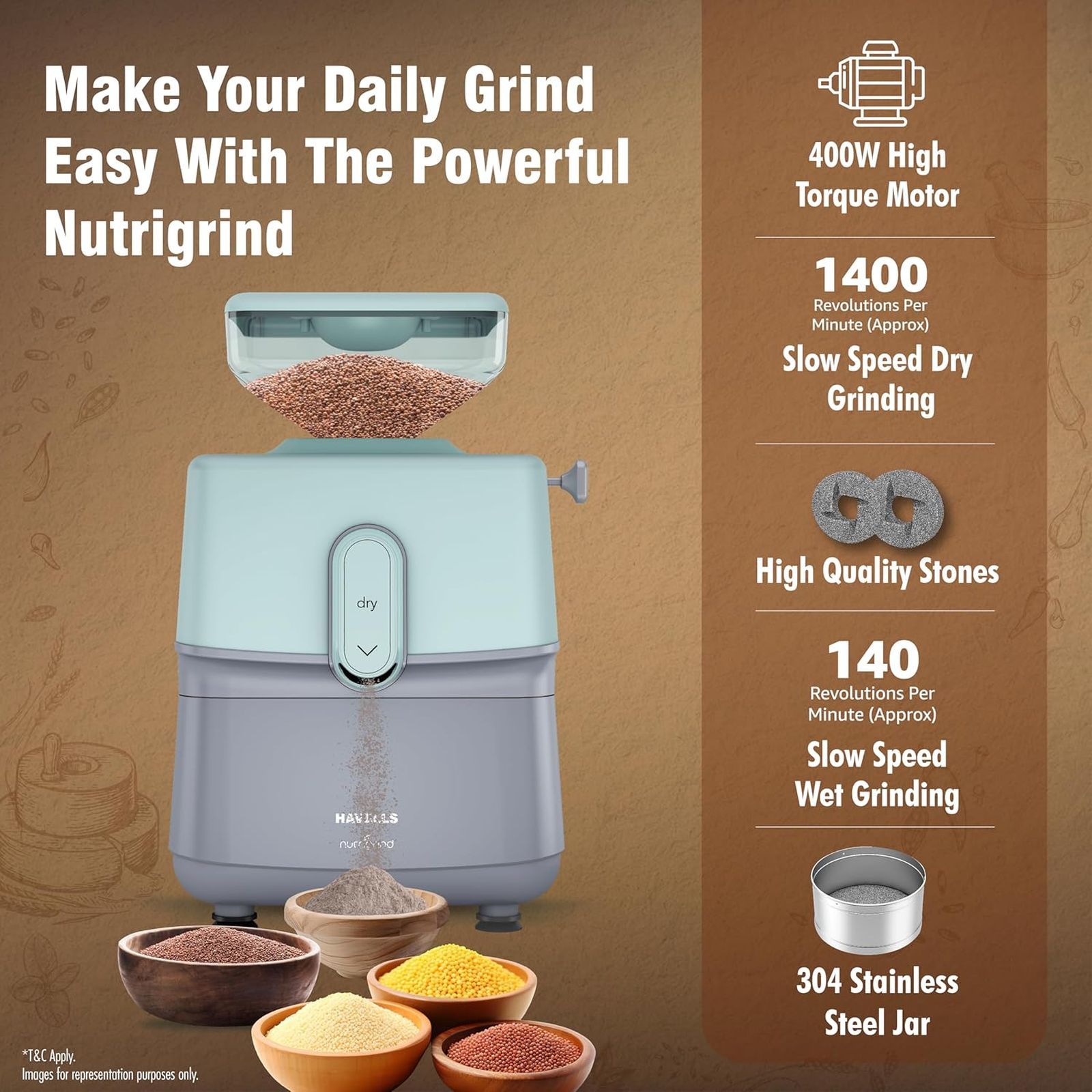 HAVELLS Nutri Grind 1 Litre 2 Stones Wet & Dry Grinder (Induction Motor, Pista Grey)_4