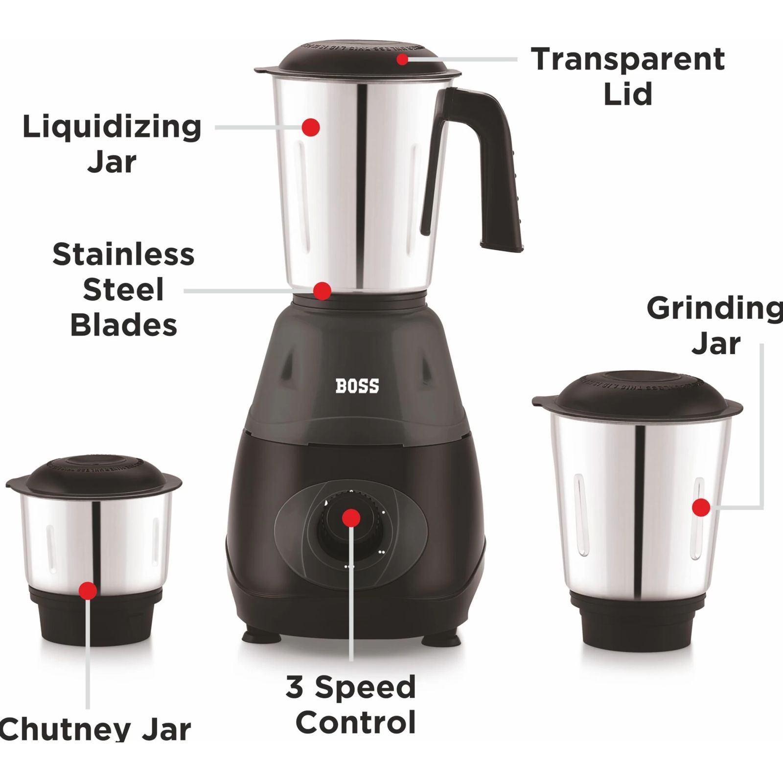 BOSS Bravo B274 500 Watt 3 Jars Mixer Grinder (20000 RPM, Auto Switch Off, Beige)_4
