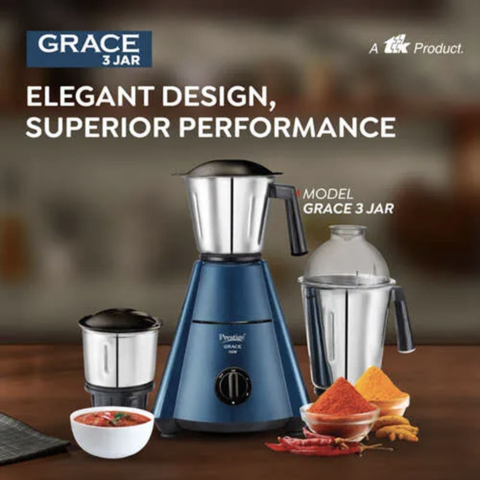 Prestige Grace 750 Watt 3 Jars Mixer Grinder (Dome Shaped LID, Blue & Black)_4