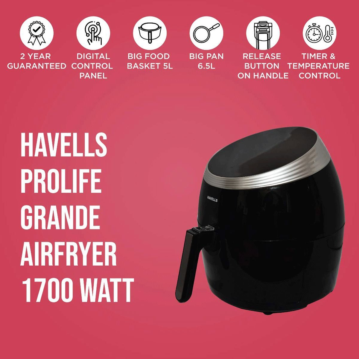 HAVELLS Prolife Grande 6.5L 1700 Watt Digital Air Fryer with Aero Crisp Technology (Black) HAVELLS Prolife Grande 6.5L 1700 Watt Digital Air Fryer with Aero Crisp Technology (Black)_16