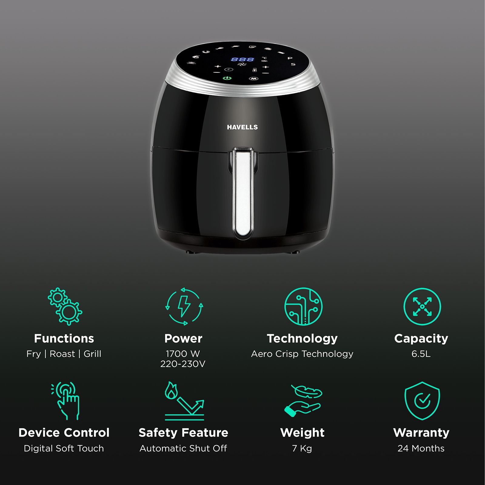 HAVELLS Prolife Grande 6.5L 1700 Watt Digital Air Fryer with Aero Crisp Technology (Black) HAVELLS Prolife Grande 6.5L 1700 Watt Digital Air Fryer with Aero Crisp Technology (Black)_3
