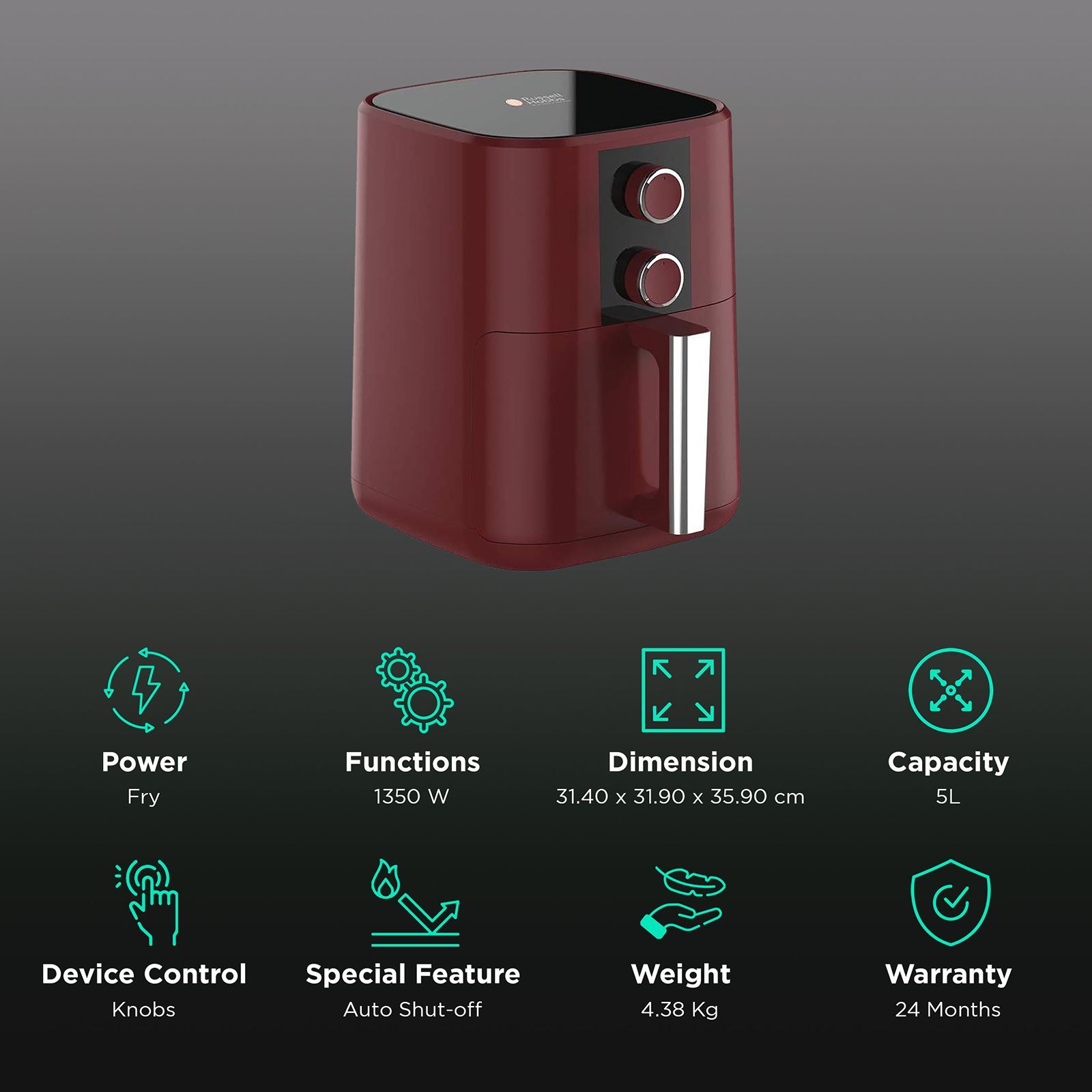 Russell Hobbs AEROFRYER 5L 1350 Watt Air Fryer with Temperature Control Function (Red)_3