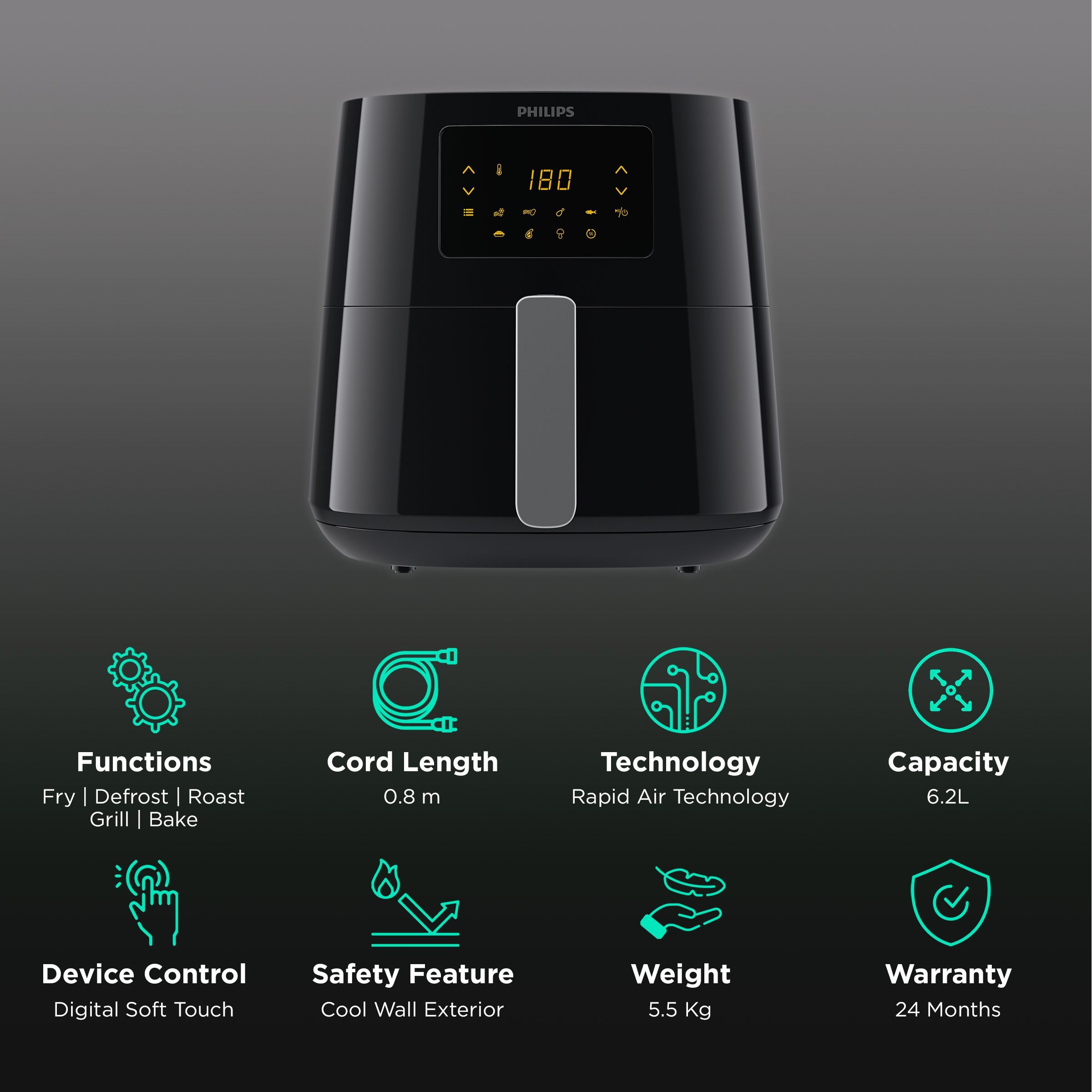 PHILIPS 6.2L 2000 Watt Digital Air Fryer with Rapid Air Technology (Black)_3