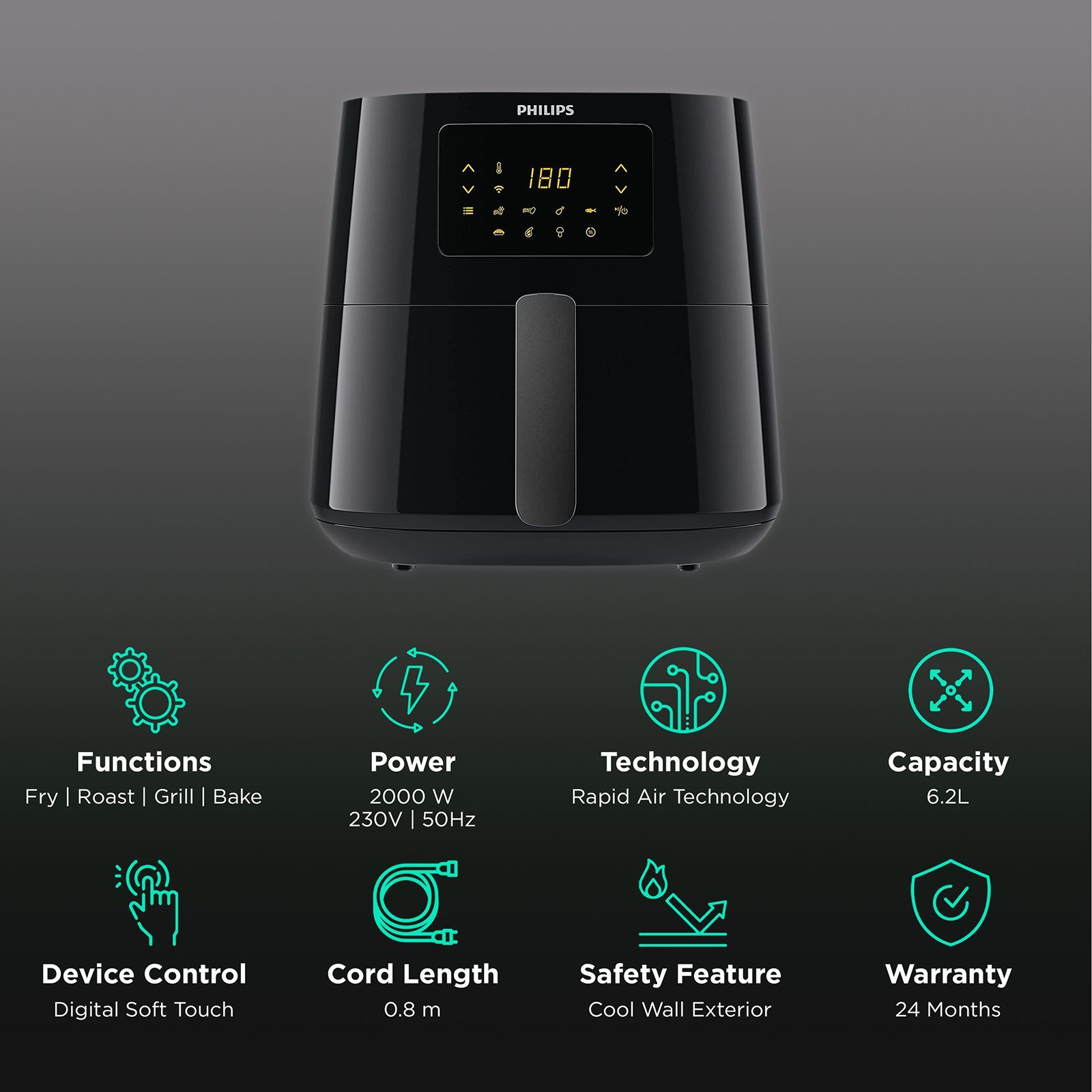 PHILIPS 6.2L 2000 Watt Digital Air Fryer with Rapid Air Technology (Black & Dark Silver) PHILIPS 6.2L 2000 Watt Digital Air Fryer with Rapid Air Technology (Black & Dark Silver)_3