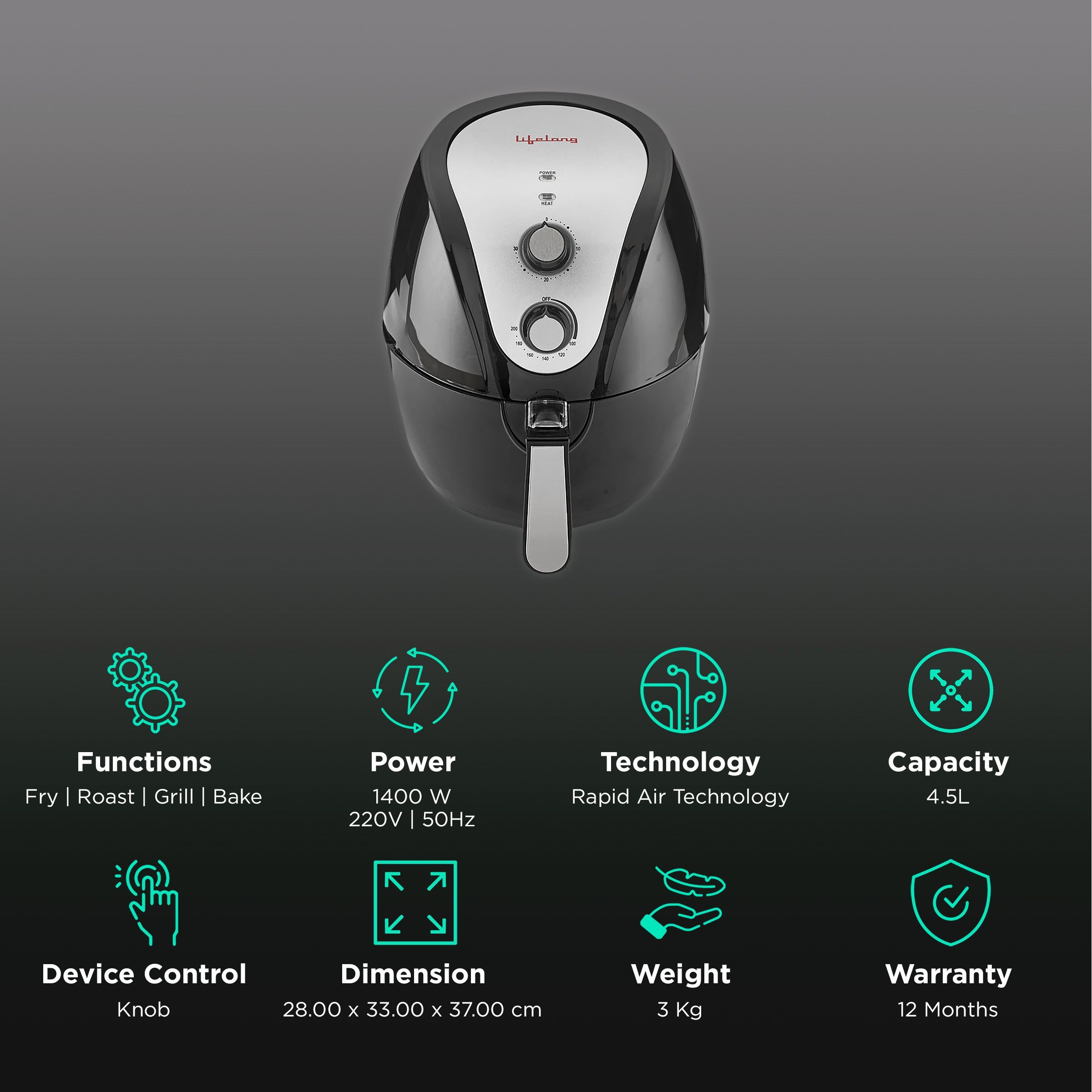 Lifelong Fryo 4.5L 1400 Watt Air Fryer with Rapid Air Technology (Black) Lifelong Fryo 4.5L 1400 Watt Air Fryer with Rapid Air Technology (Black)_3