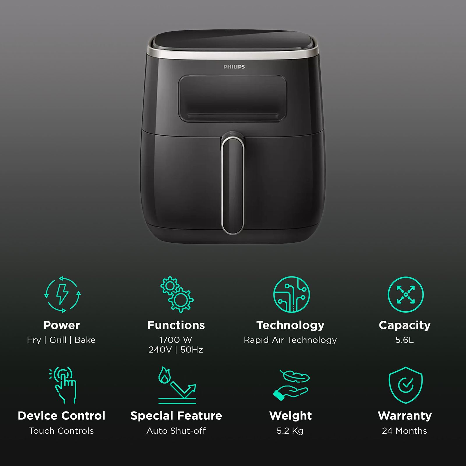 PHILIPS 5.6L 1700 Watt Digital Air Fryer with Rapid Air Technology (Silver) PHILIPS 5.6L 1700 Watt Digital Air Fryer with Rapid Air Technology (Silver)_3