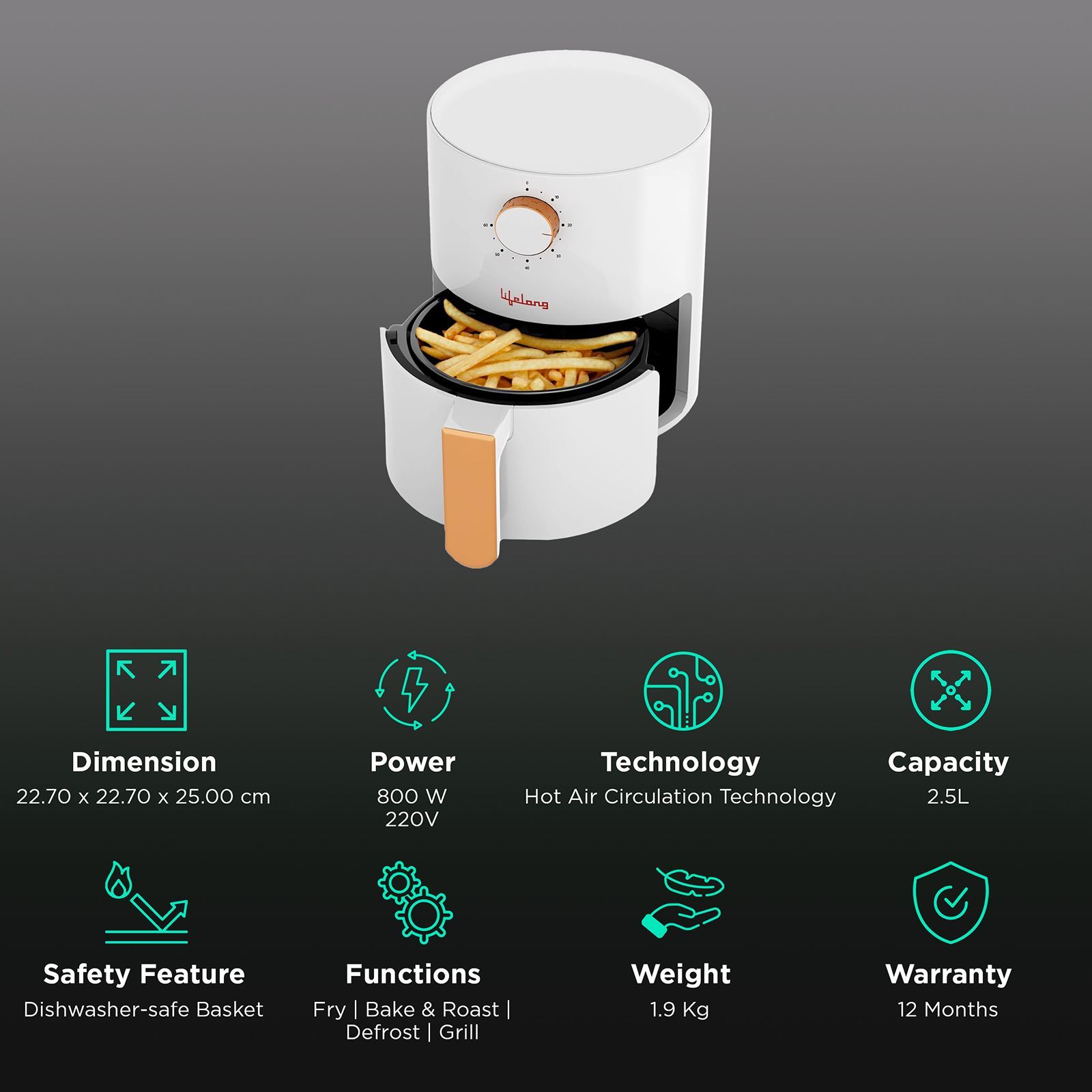 Lifelong LLHF25 2.5L 800 Watt Air Fryer with Air Circulation Technology (White) Lifelong LLHF25 2.5L 800 Watt Air Fryer with Air Circulation Technology (White)_3