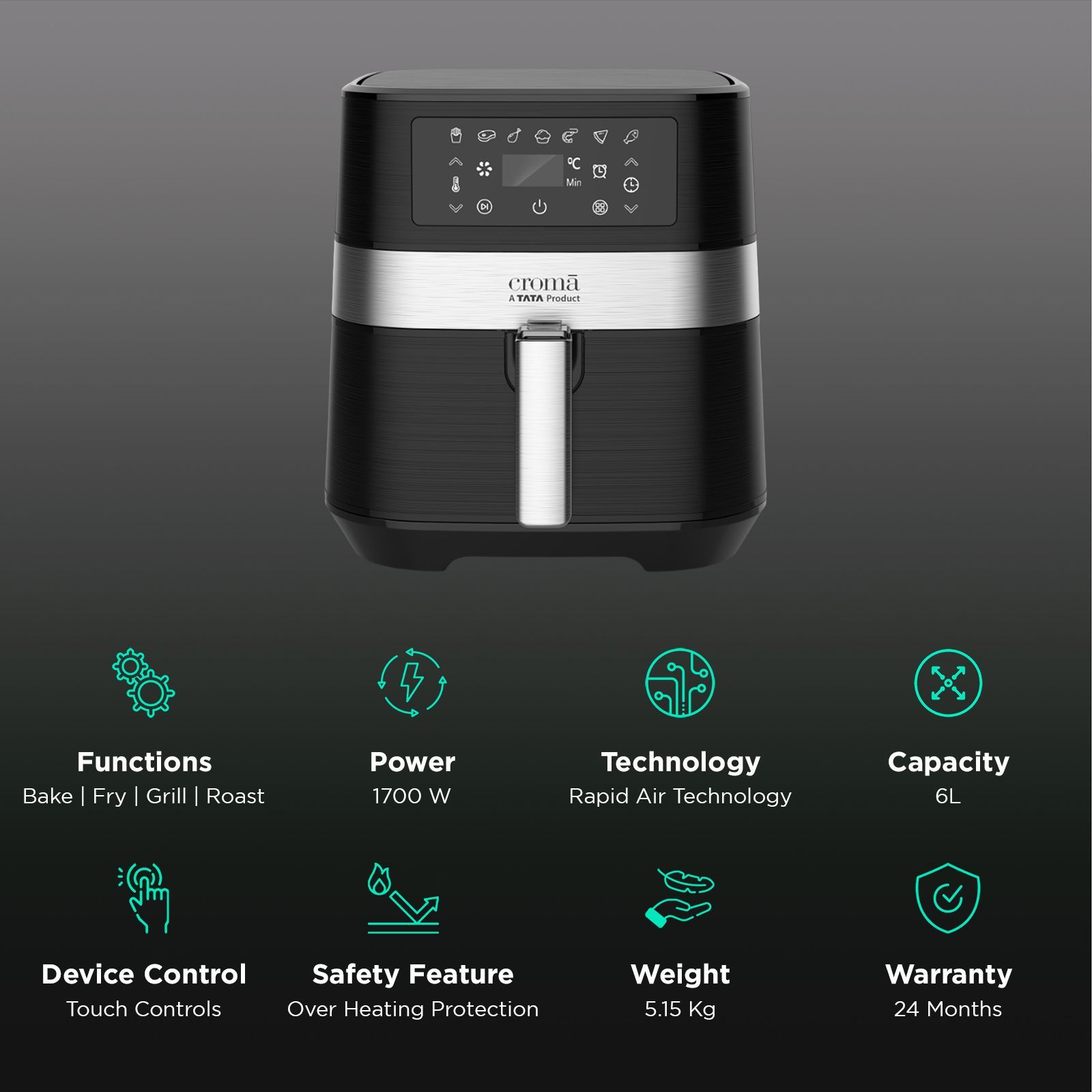 Croma 6L 1700 Watt Digital Air Fryer with Rapid Air Circulation System (Black)_3