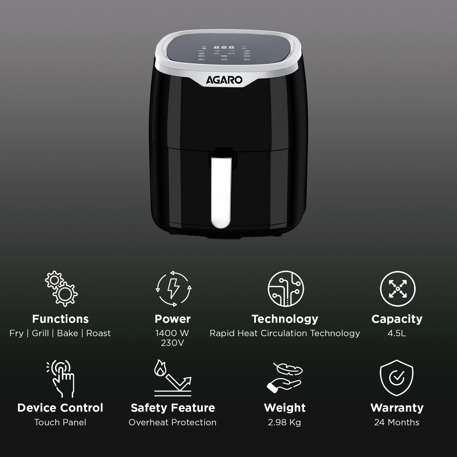 AGARO Galaxy 4.5L 1400 Watt Digital Air Fryer with 360 Degrees Air Circulation Technology (Black)_3