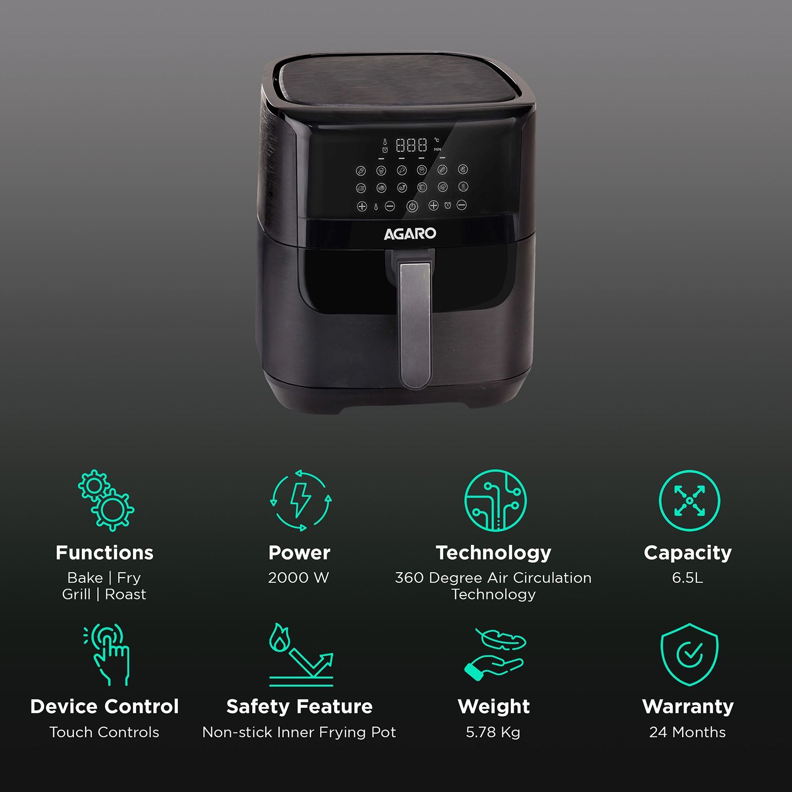 AGARO Elegant 6.5L 1800 Watt Digital Air Fryer with 12 Preset Cooking Options (Black)_3