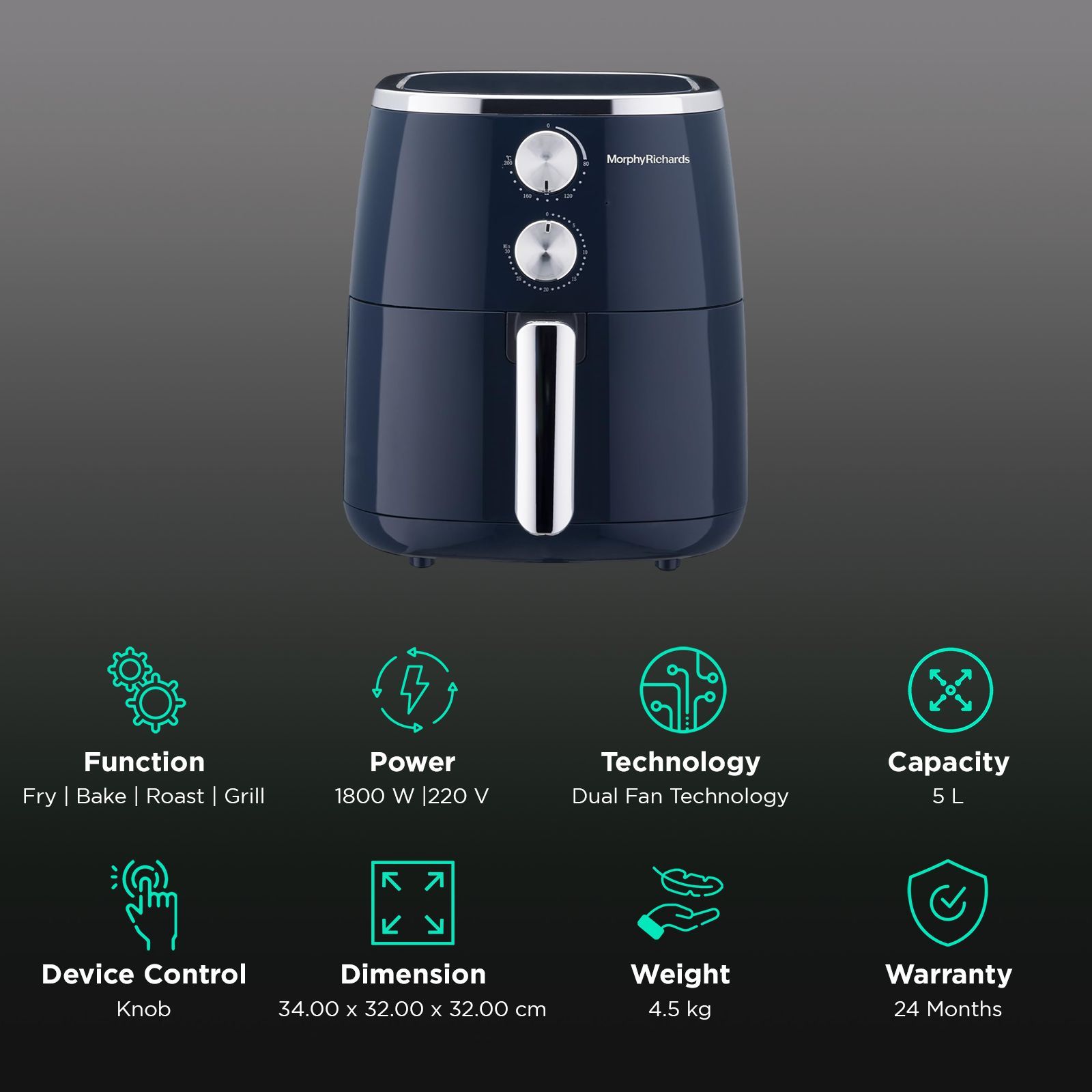 Morphy Richards Crisp Pro Classic 5L 1800 Watt Air Fryer with Dual Fan Technology (Navy Blue)_4