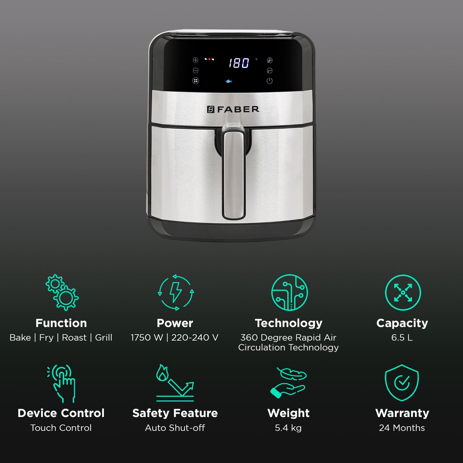 FABER 6.5L 1750 Watt Digital Air Fryer with 360 Degree Rapid Air Circulation Technology (Silver)_3