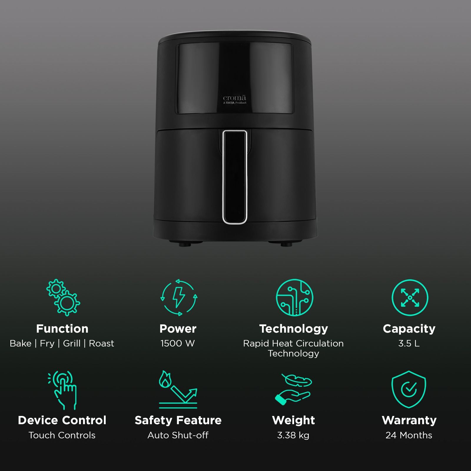 Croma 3.5L 1500 Watt Digital Air Fryer with Rapid Heat Circulation Technology (Black)_3