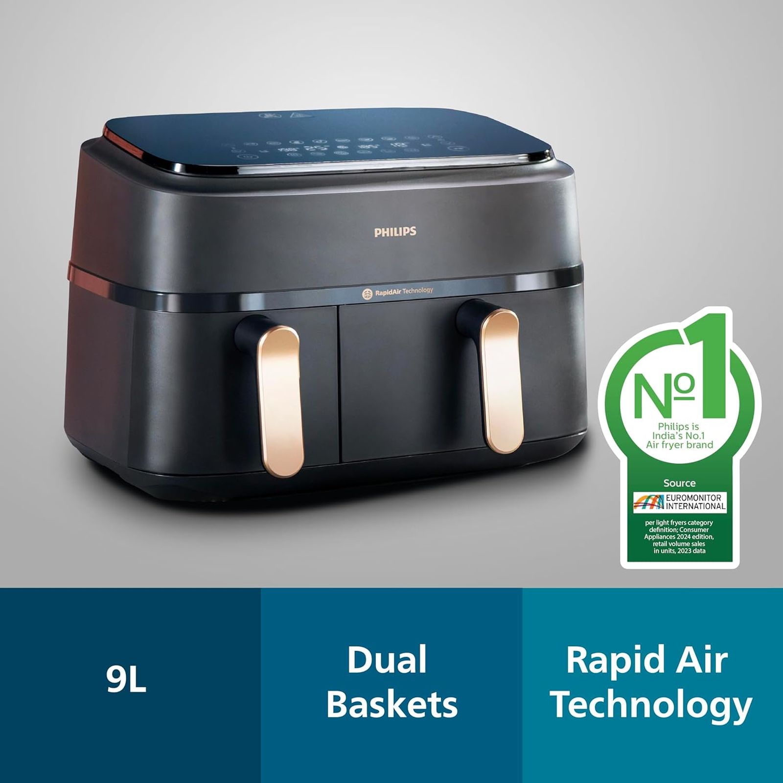 PHILIPS 3000 Series 9L 2750 Watt Digital Air Fryer with Rapid Air Technology (Black & Gold)_9