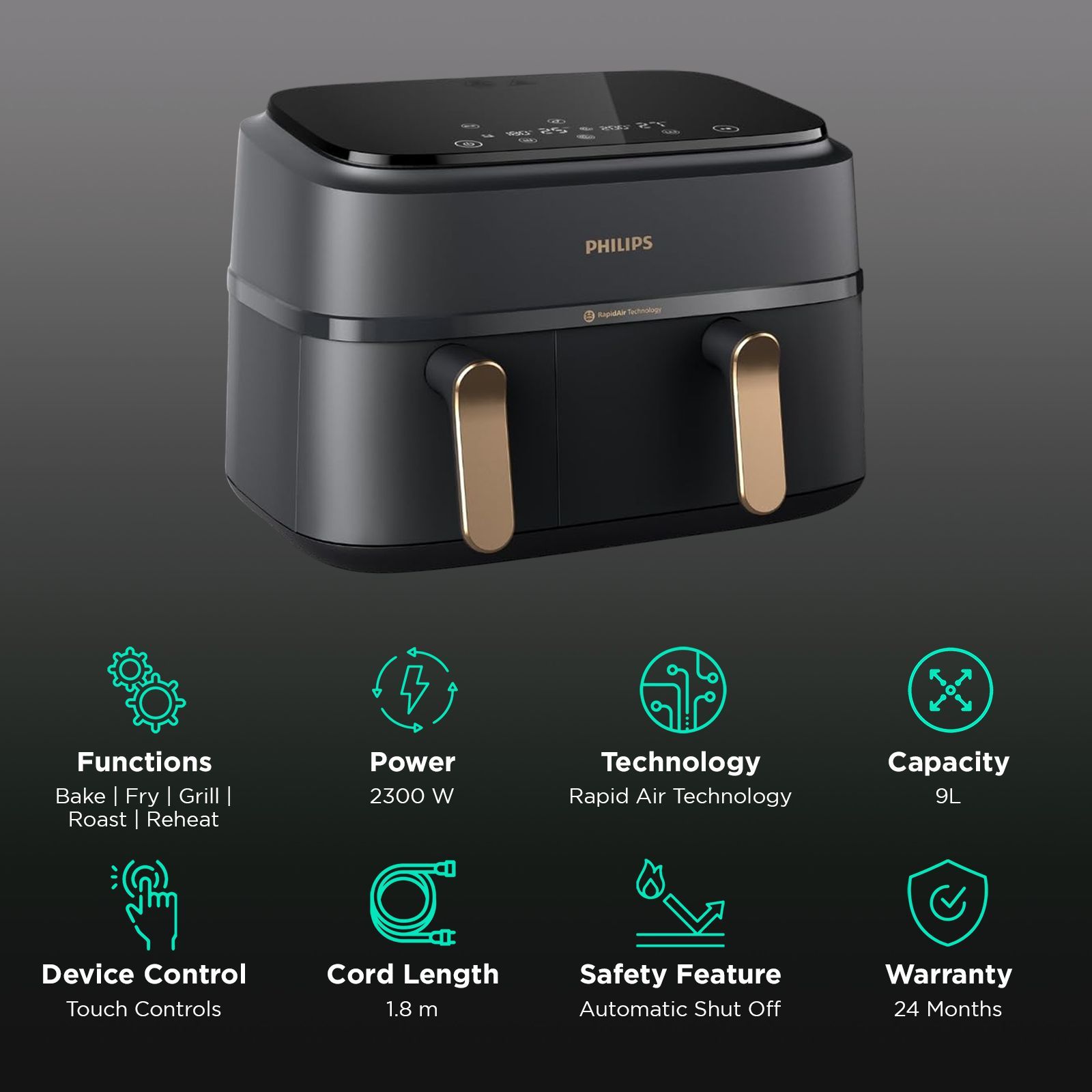 PHILIPS 3000 Series 9L 2750 Watt Digital Air Fryer with Rapid Air Technology (Black & Gold)_3