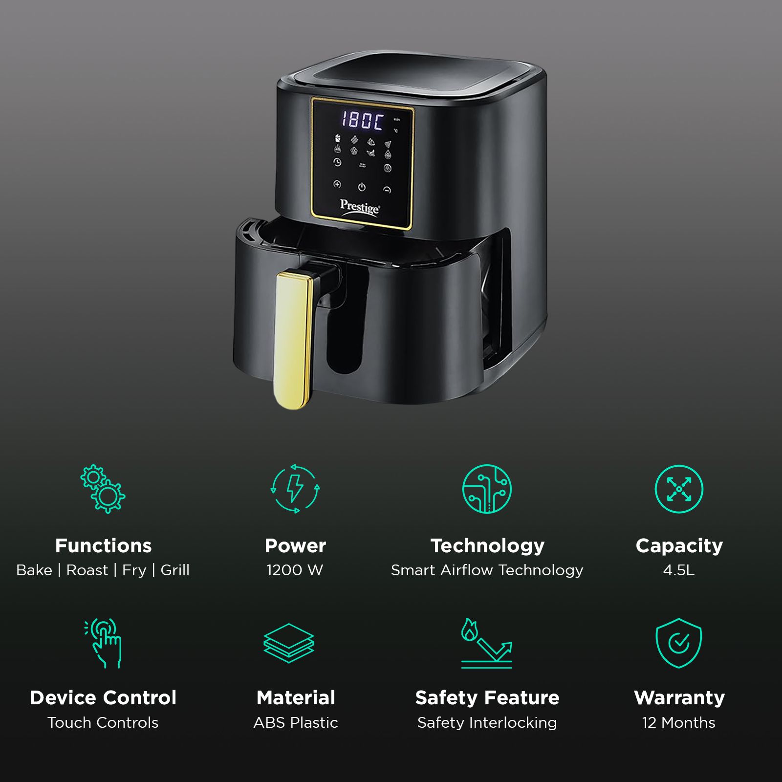 Prestige Nutrifry 4.5L 1200 Watt Digital Air Fryer with 8 Preset Menus (Black) Prestige Nutrifry 4.5L 1200 Watt Digital Air Fryer with 8 Preset Menus (Black)_3