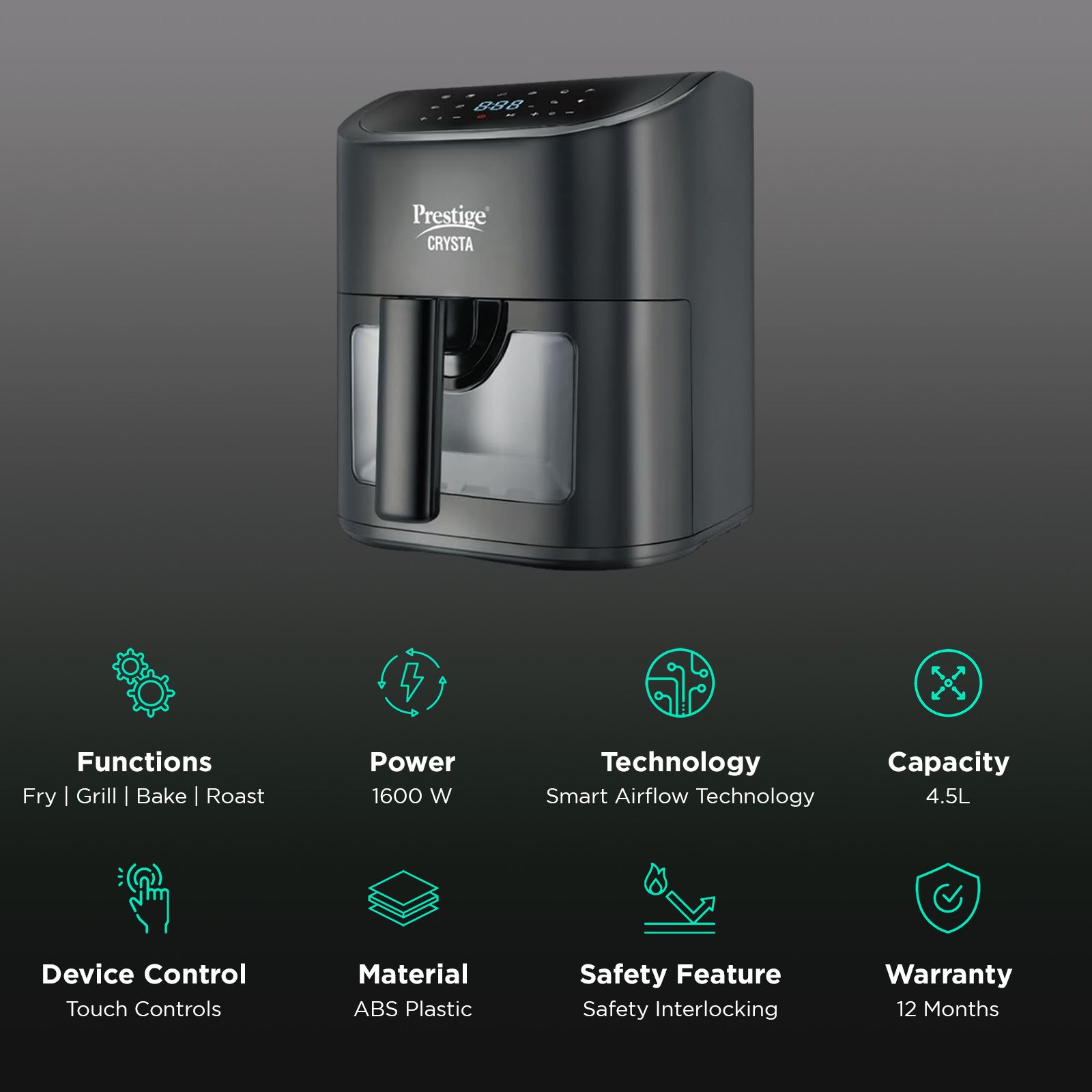 Prestige Crysta 4.5L 1600 Watt Digital Air Fryer with Smart Air Flow Technology (Black)_3
