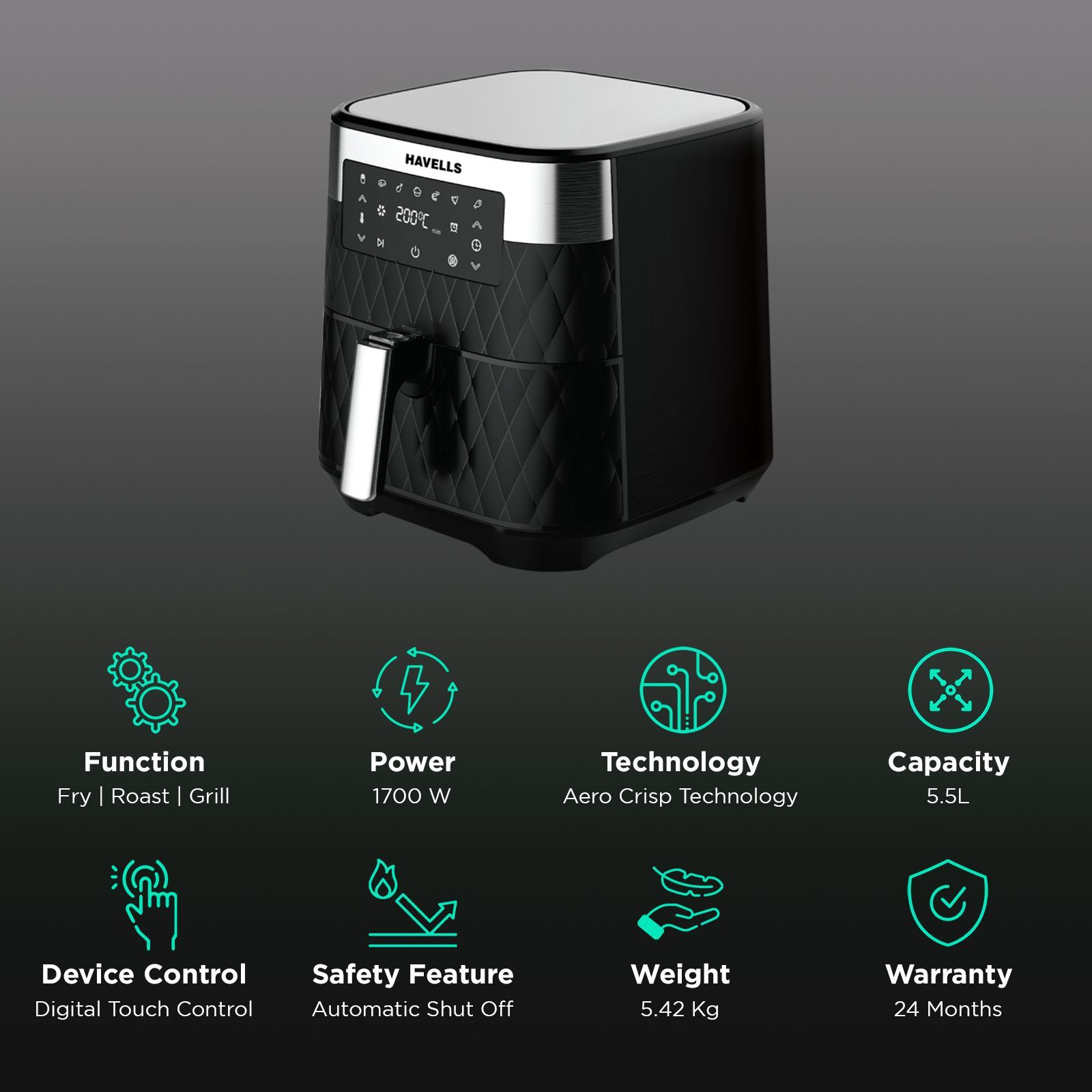 Havells Prolife Luxria 5.5L 1700 Watt Digital Air Fryer with Aero Crisp Technology (Black)_3