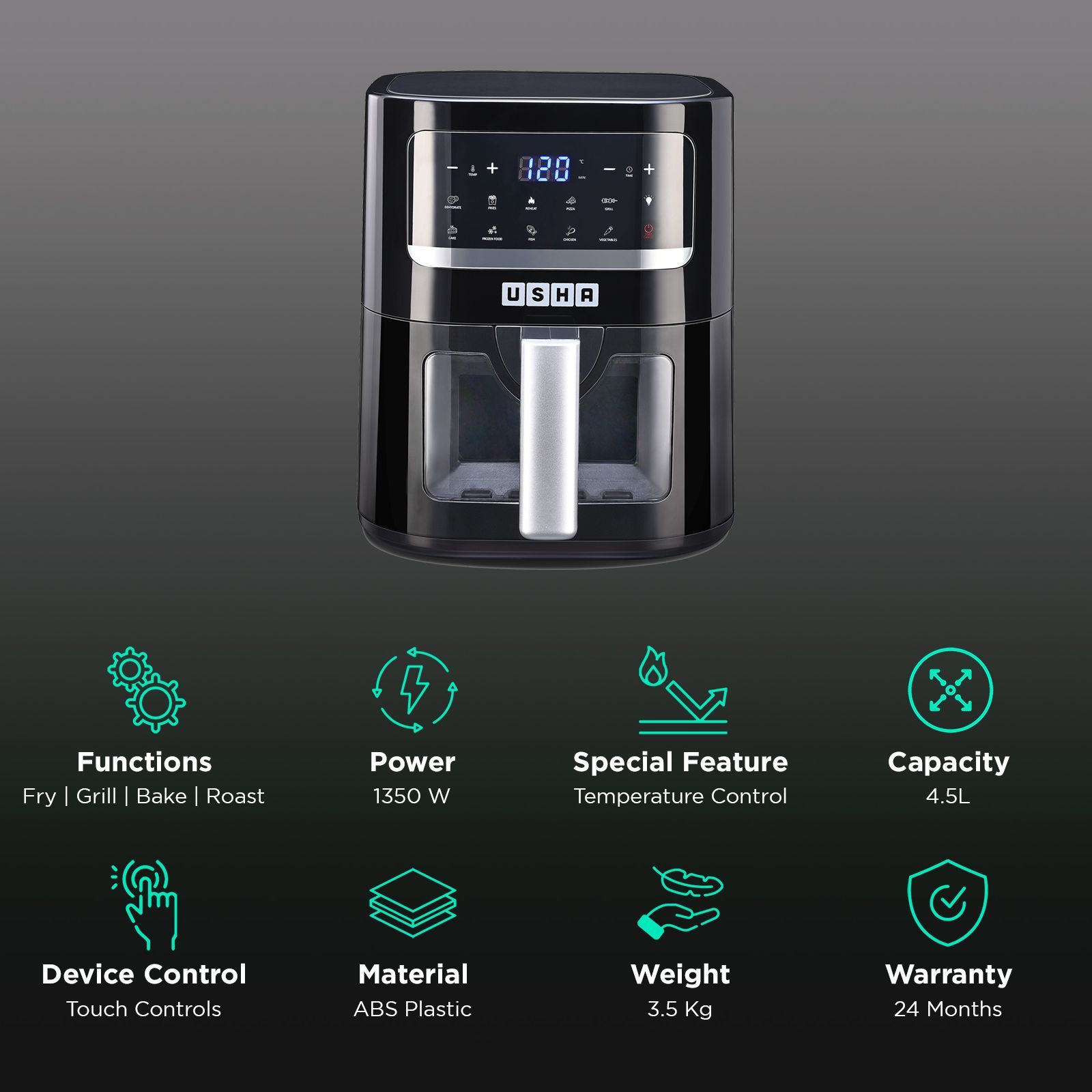 USHA iChef Smart 4.5L 1350 Watt Digital Air Fryer with Turbo Air Circulation Technology (Black)_3