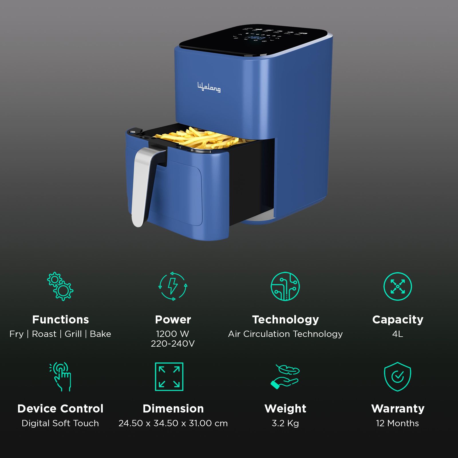 Lifelong LLHFD450 4L 1200 Watt Digital Air Fryer with 7 Preset Menus (Blue)_2