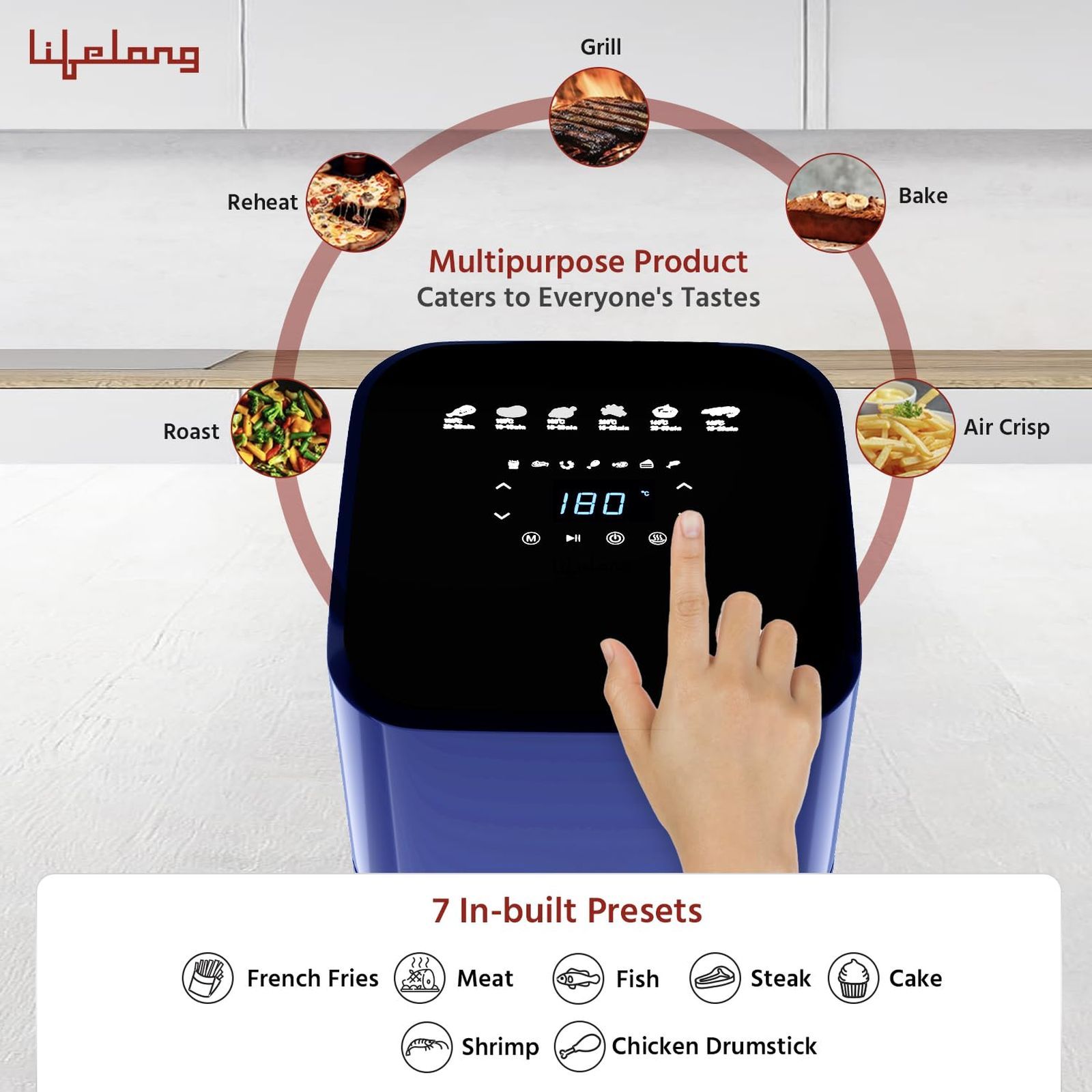 Lifelong LLHFD450 4L 1200 Watt Digital Air Fryer with 7 Preset Menus (Blue)_5