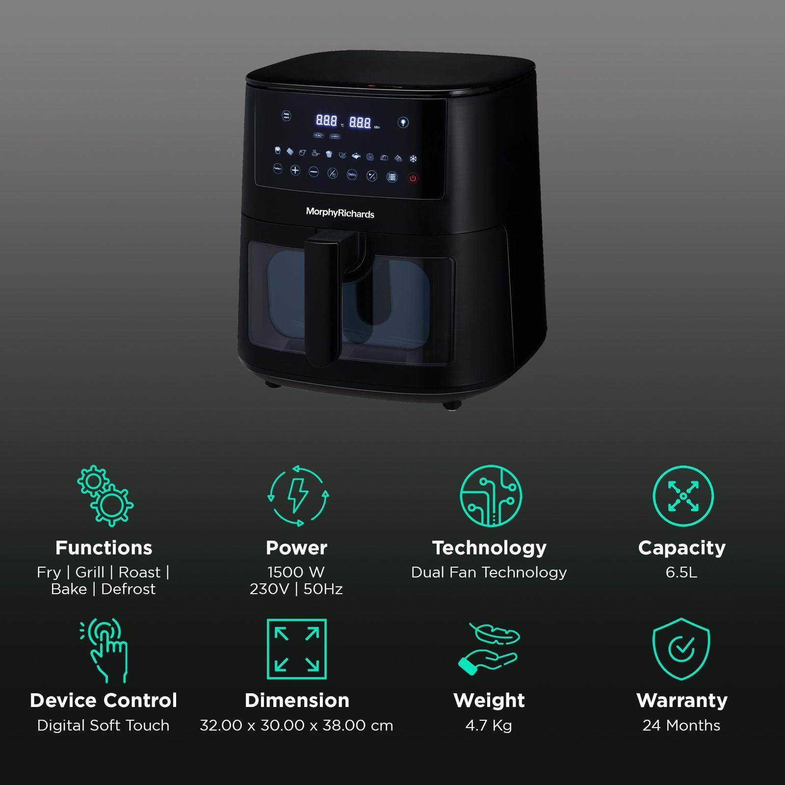 morphy richards Crystal Crysp 6.5L 1500 Watt Digital Air Fryer with 11 Preset Menus (Black)_3