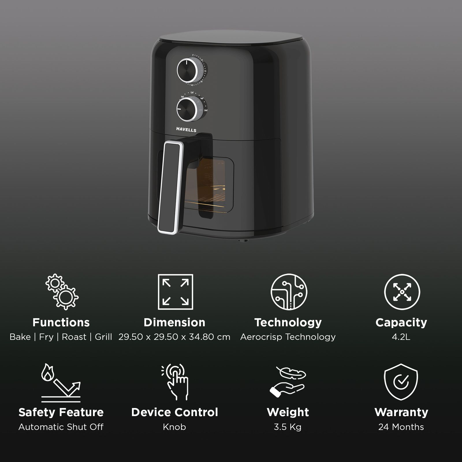 HAVELLS Profile Vista 4.2L 1350 Watt Air Fryer with Aerocrisp Technology (Black)_3