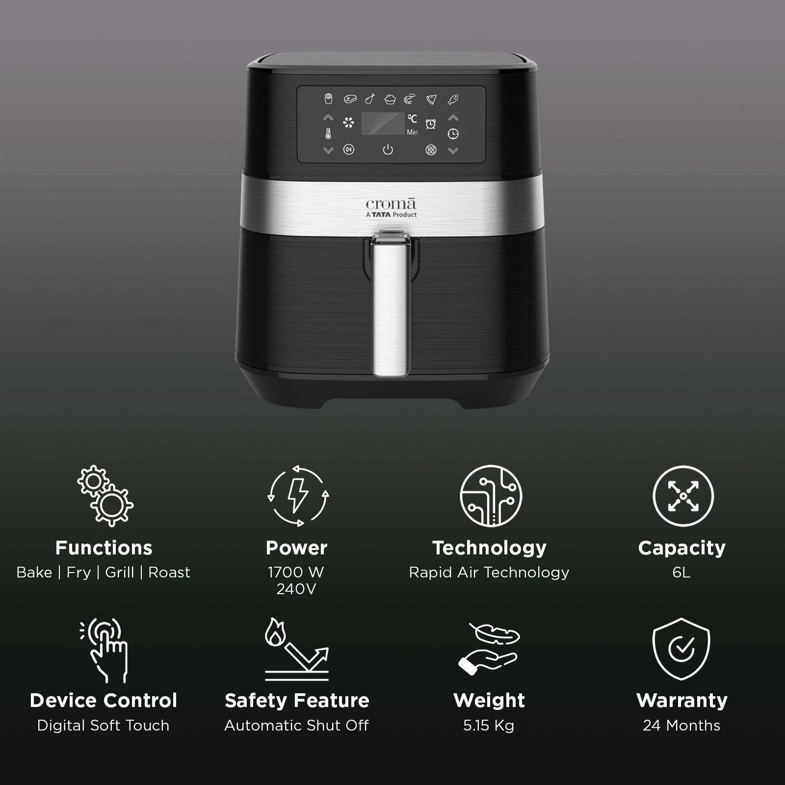 Croma AO6998 6L 1700 Watt Digital Air Fryer with Rapid Air Circulation System (Black) Croma AO6998 6L 1700 Watt Digital Air Fryer with Rapid Air Circulation System (Black)_3