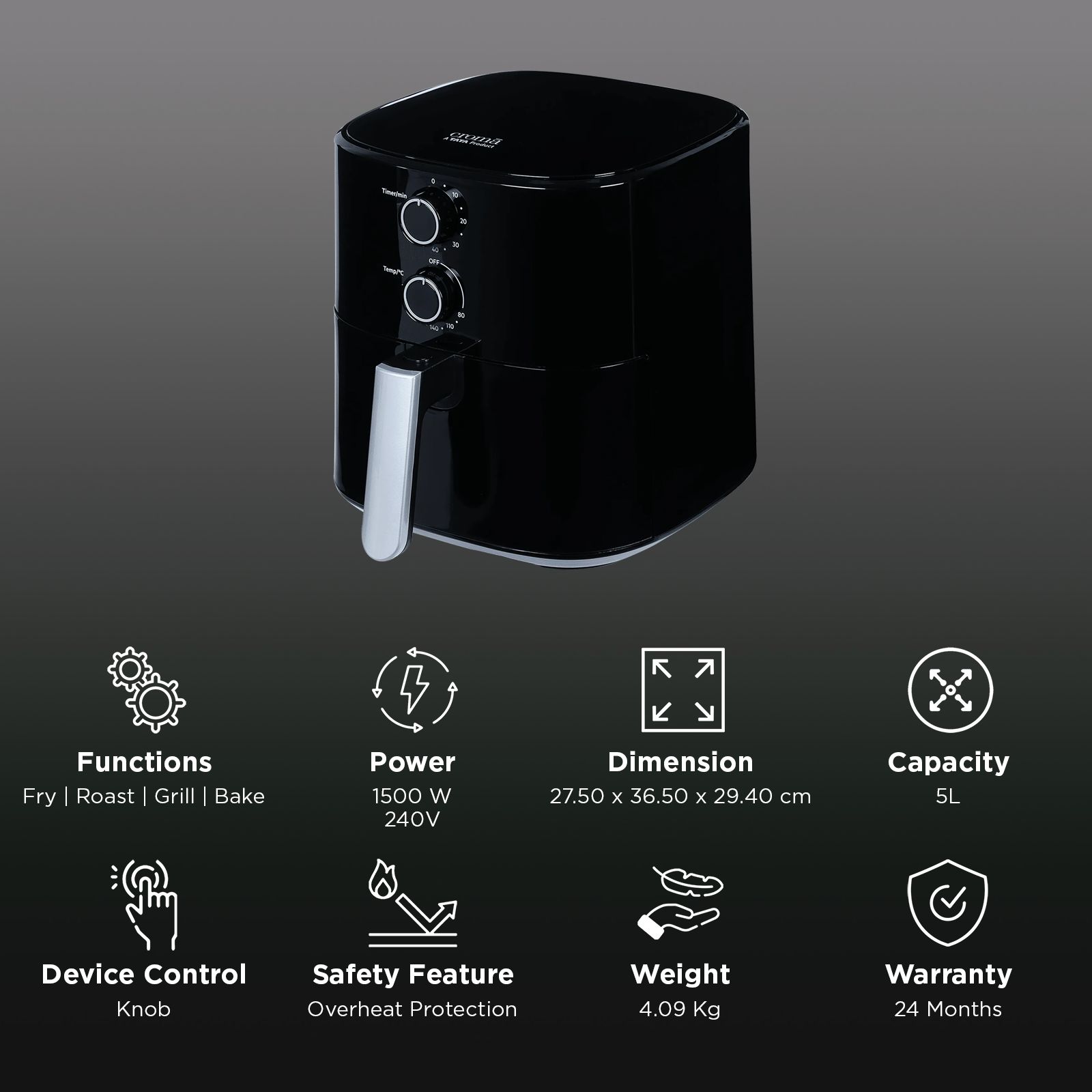 Croma 5L 1500 Watt Air Fryer with 360 Degree Air Circulation (Black) Croma 5L 1500 Watt Air Fryer with 360 Degree Air Circulation (Black)_3