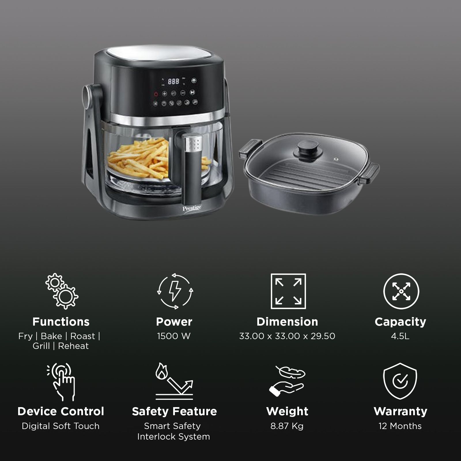 Prestige AirFlip 4.5L 1500 Watt Digital Air Fryer with 360 Degree View Glass Basket (Black)_3