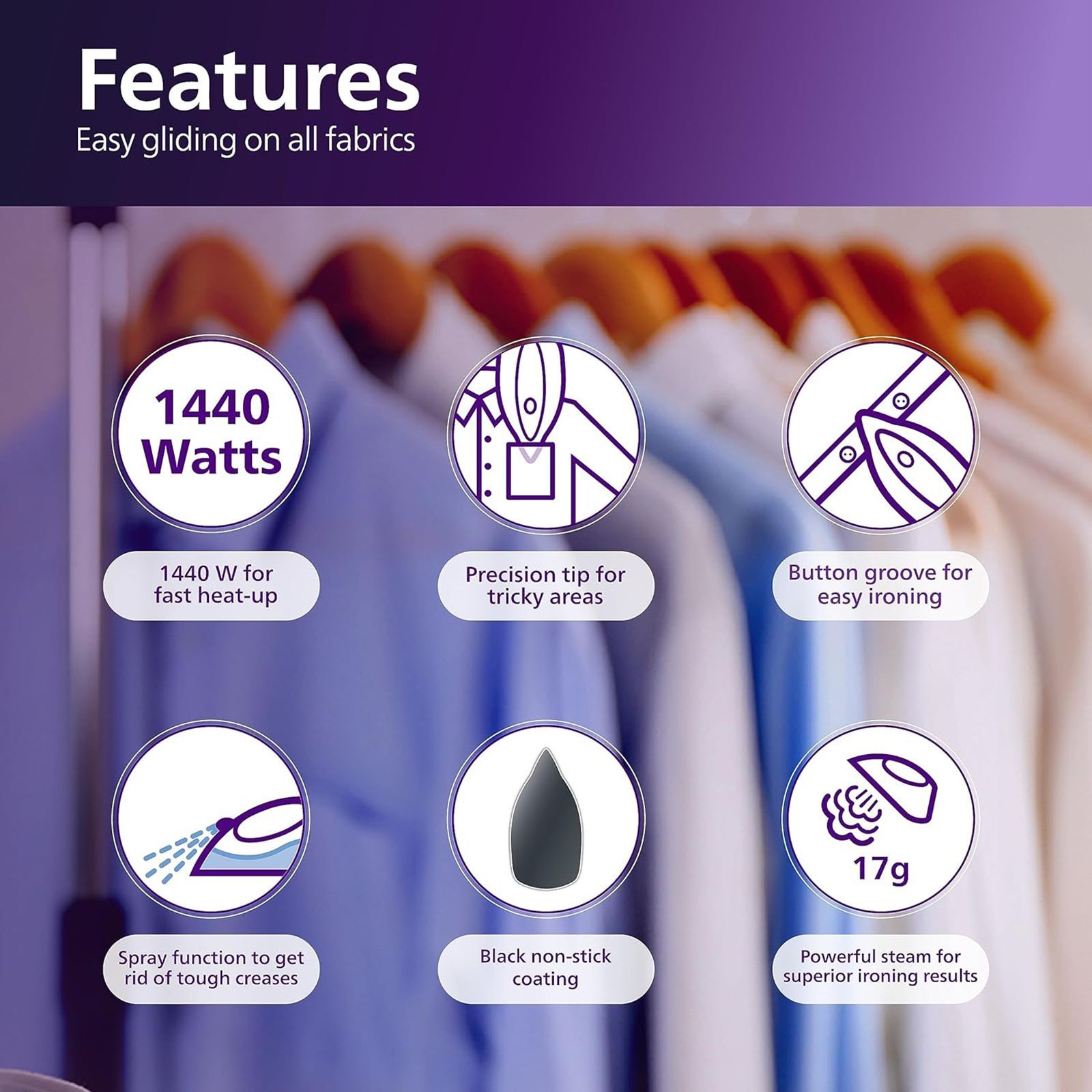 PHILIPS EasySpeed 14 1440 Watts 180ml Steam Iron (Quick Heat-up, Blue)_7