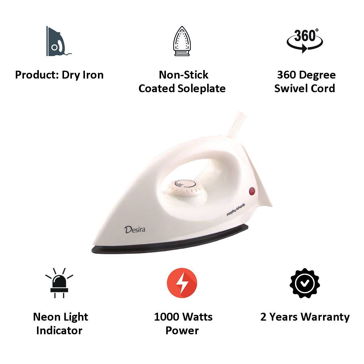 Morphy Richards Desira 1000 Watts Dry Iron (Neon Indicator, Ivory)_5