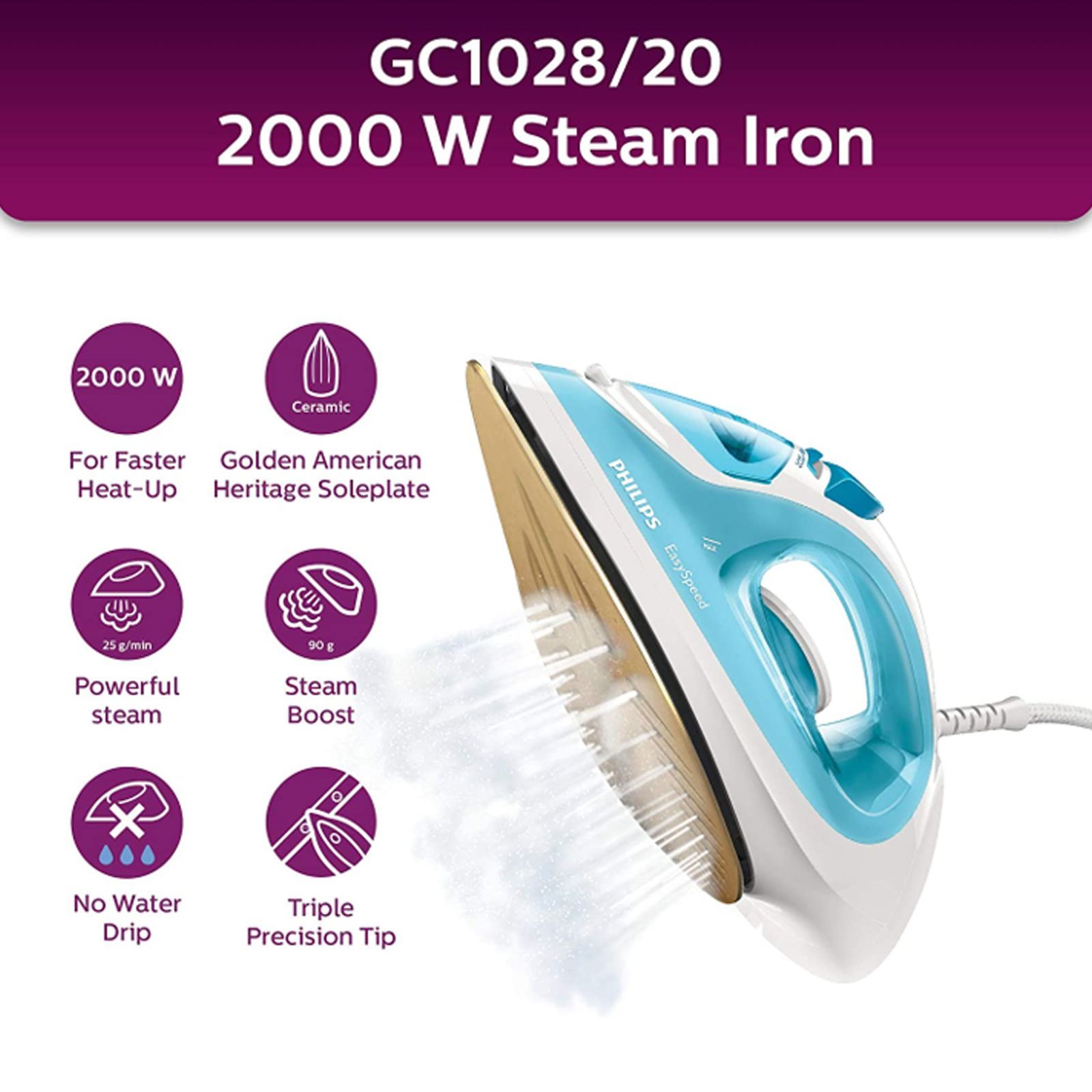 PHILIPS EasySpeed 2000 Watts 200ml Steam Iron (Drip Stop System, SkyBlue) PHILIPS EasySpeed 2000 Watts 200ml Steam Iron (Drip Stop System, SkyBlue)_7