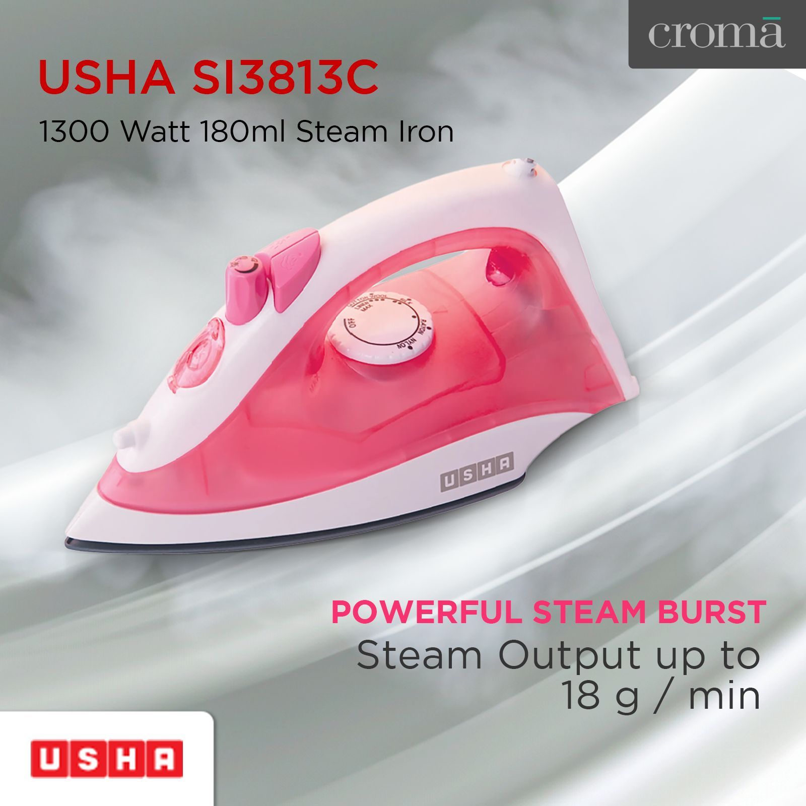 USHA SI 3813C 1300 Watts 180ml Steam Iron (360 Degree Swivel Cord, Pink)_3
