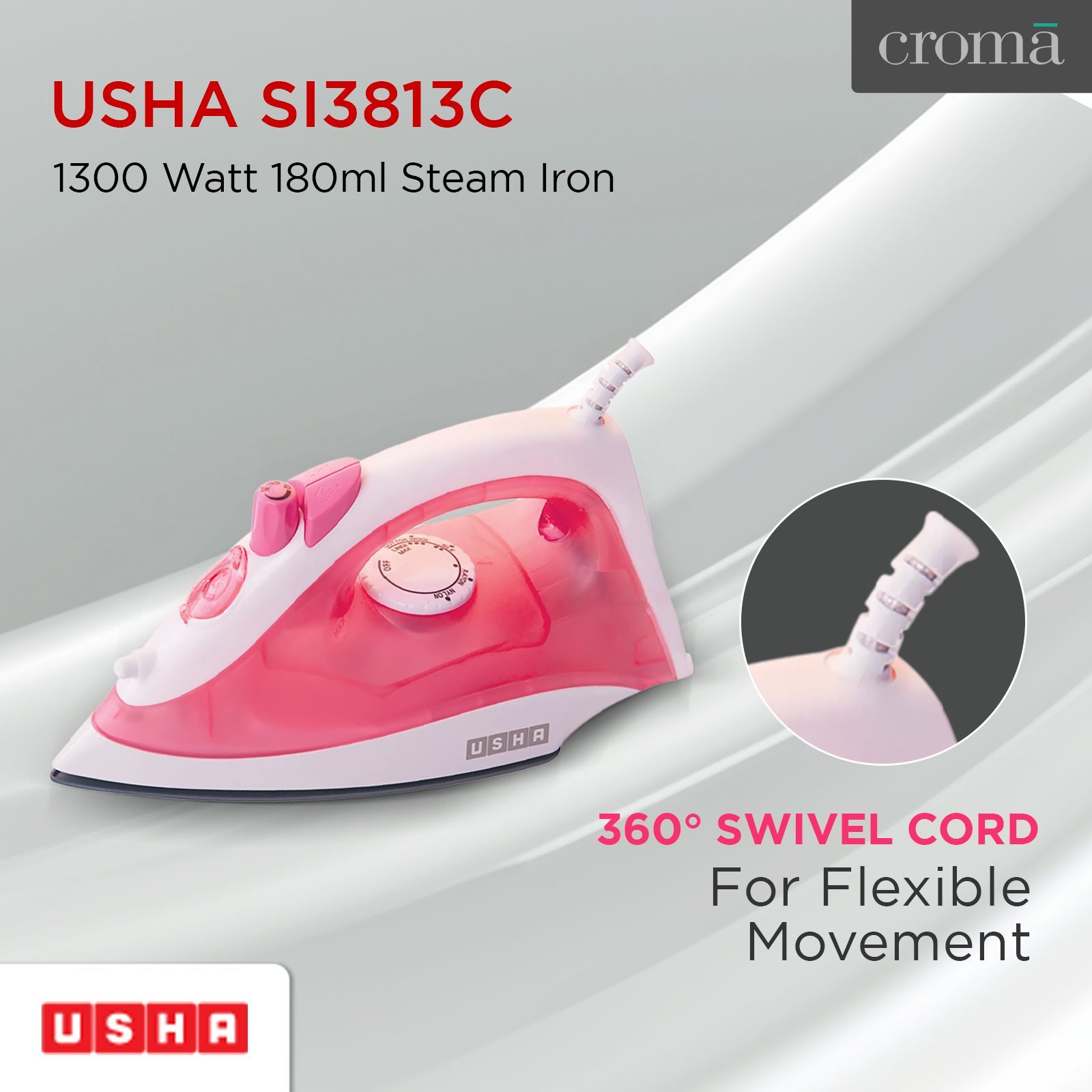 USHA SI 3813C 1300 Watts 180ml Steam Iron (360 Degree Swivel Cord, Pink)_5