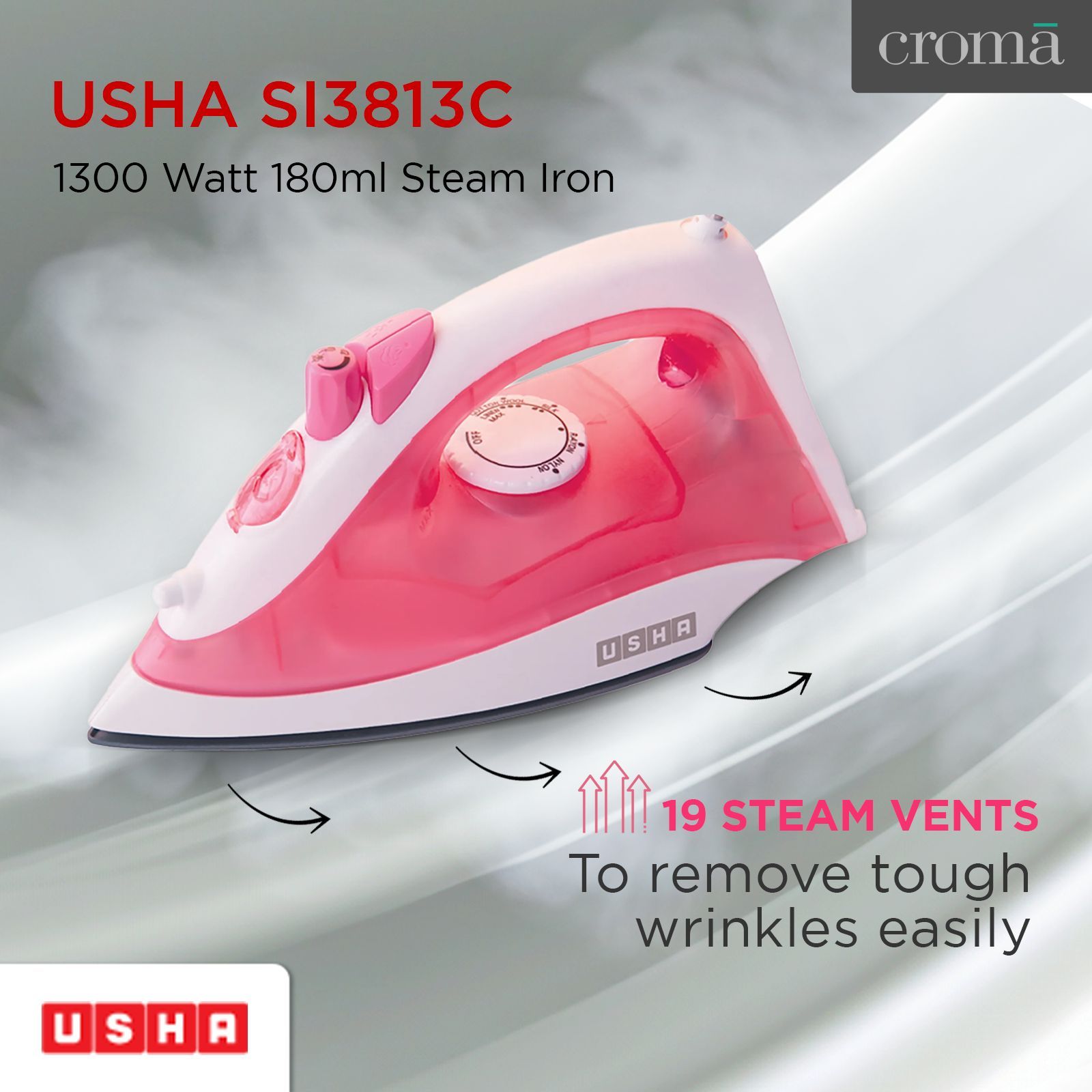 USHA SI 3813C 1300 Watts 180ml Steam Iron (360 Degree Swivel Cord, Pink)_6