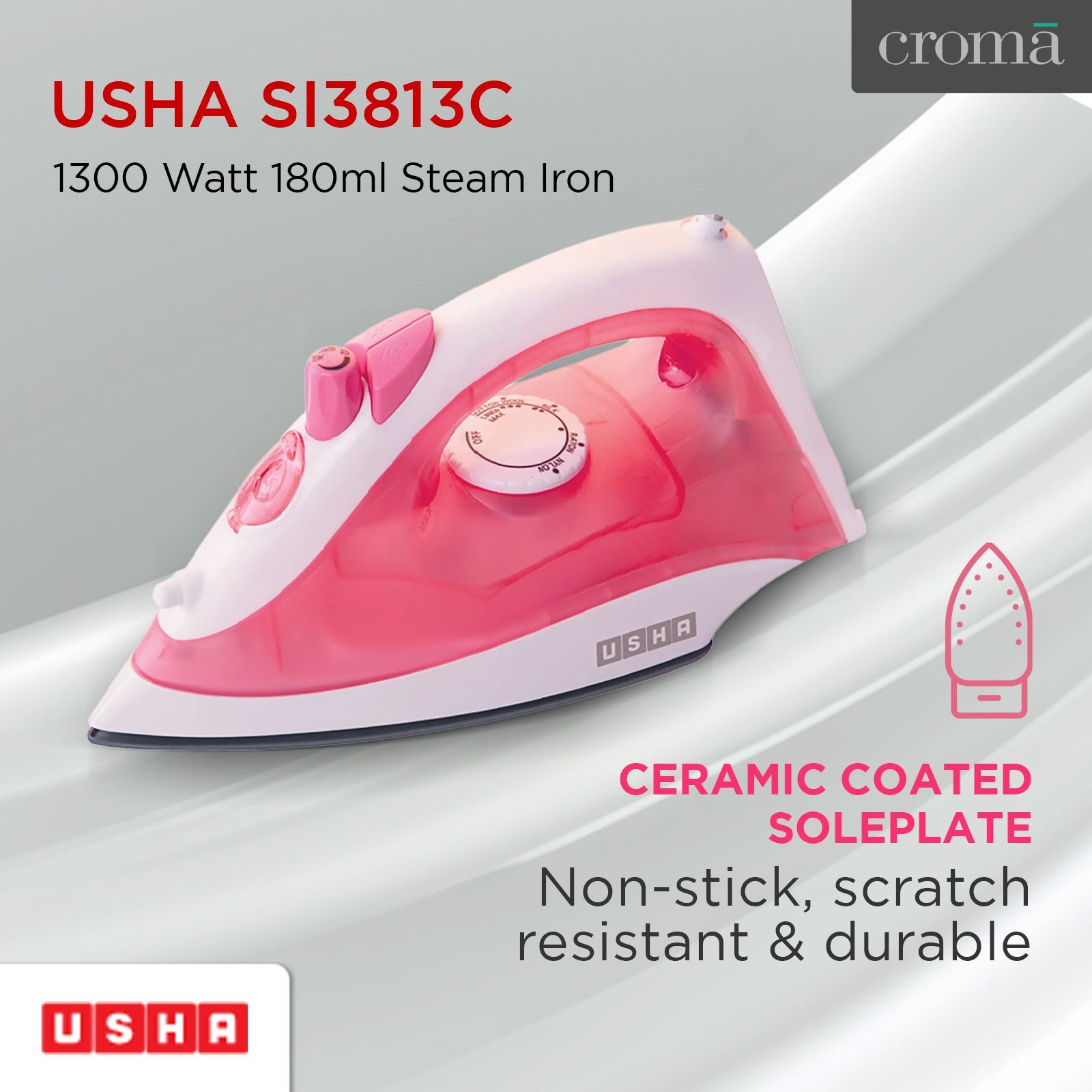USHA SI 3813C 1300 Watts 180ml Steam Iron (360 Degree Swivel Cord, Pink)_2