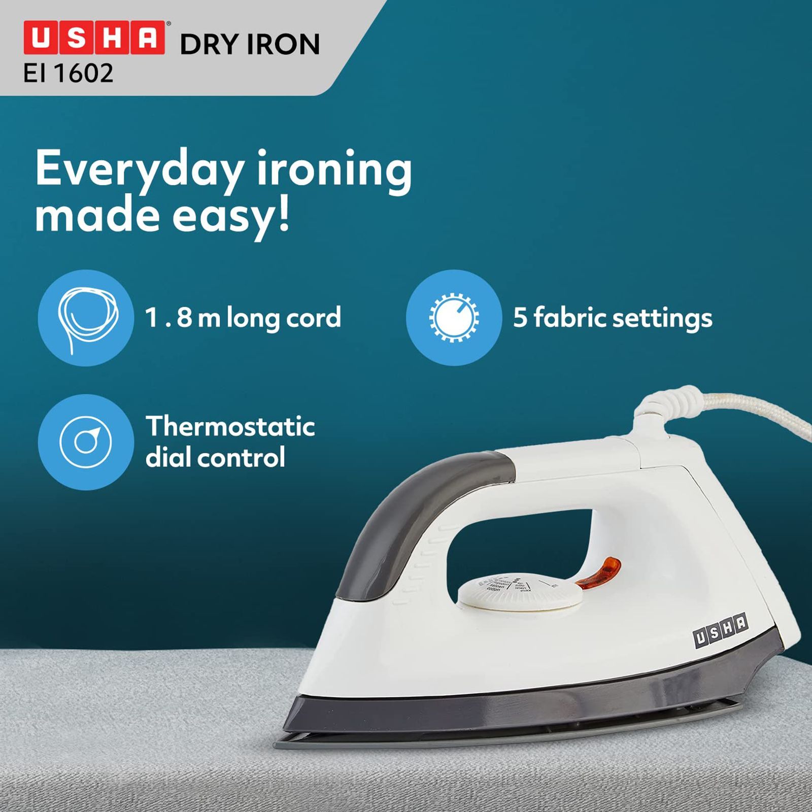 USHA EL 1602 1000 Watts Dry Iron (180 Degree Swivel Cord, White)_5