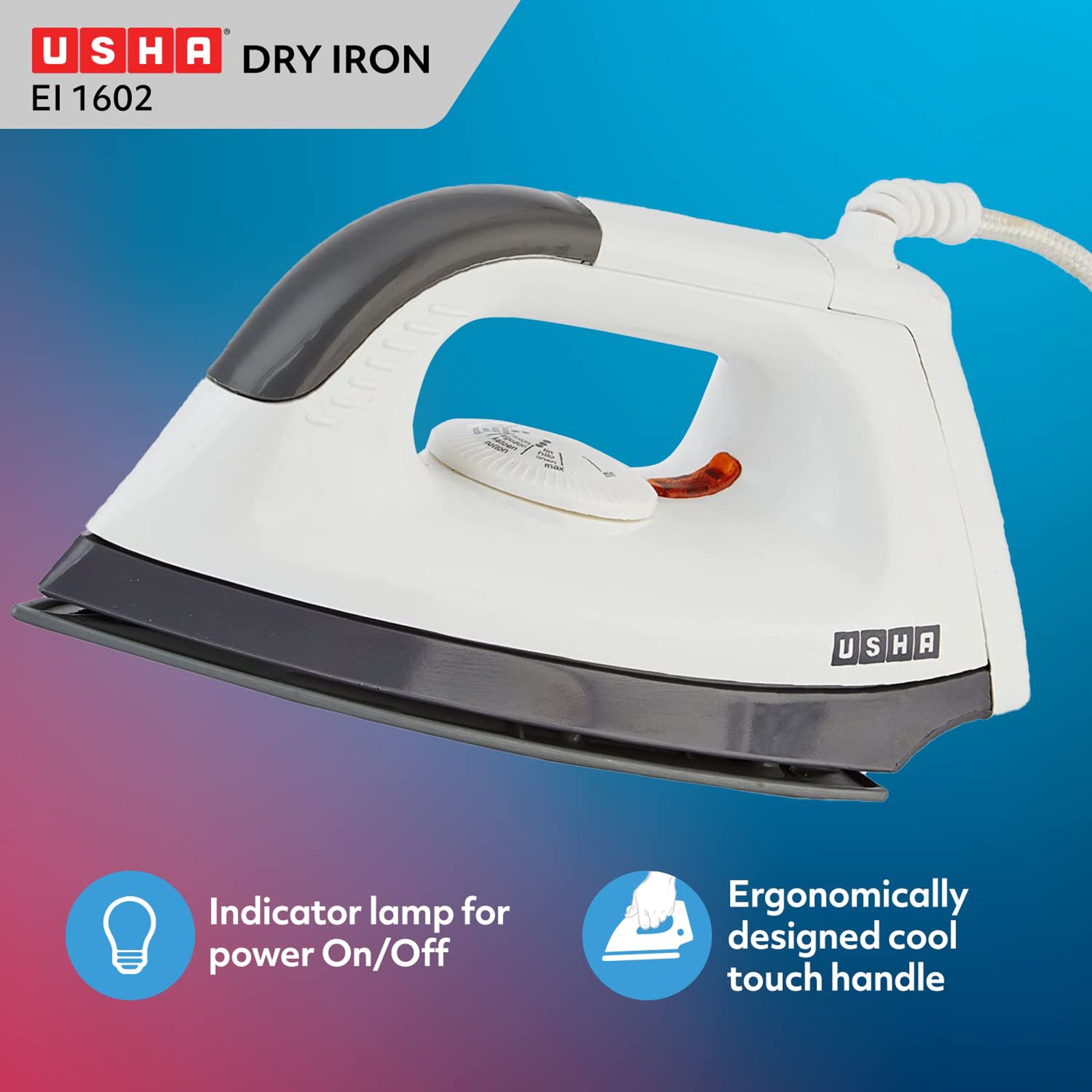 USHA EL 1602 1000 Watts Dry Iron (180 Degree Swivel Cord, White)_6